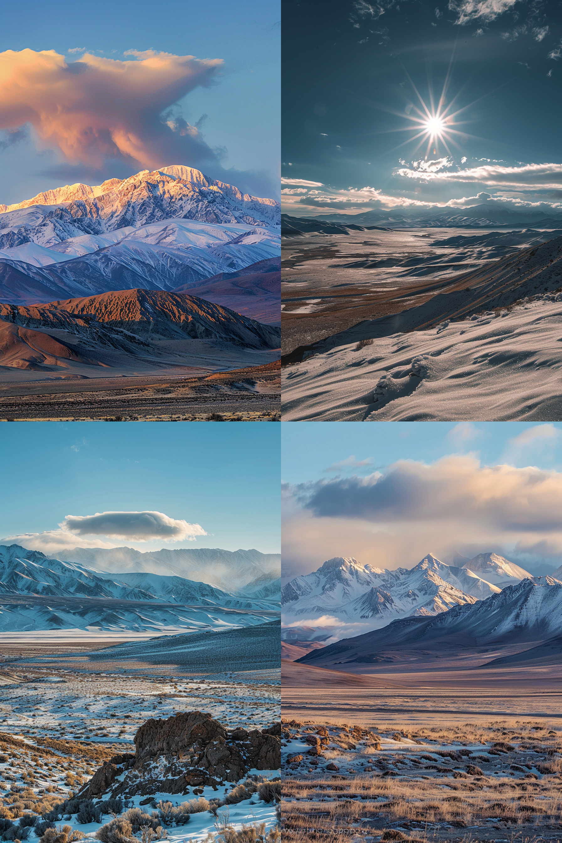 雪山戈壁滩空旷，远处是苍白的雪山，近处是广袤的戈壁滩。太阳正从山顶升起，照亮了整个景色。一朵蓬松的云彩漂浮在天空中，增添了一丝柔和的色彩。这张照片以宽广的画面展示了大自然的壮丽与宁静。 雪山，戈壁滩，苍白，广袤，太阳，山顶，蓬松的云彩，天空，柔和的色彩，宽广的画面，大自然的壮丽与宁静。