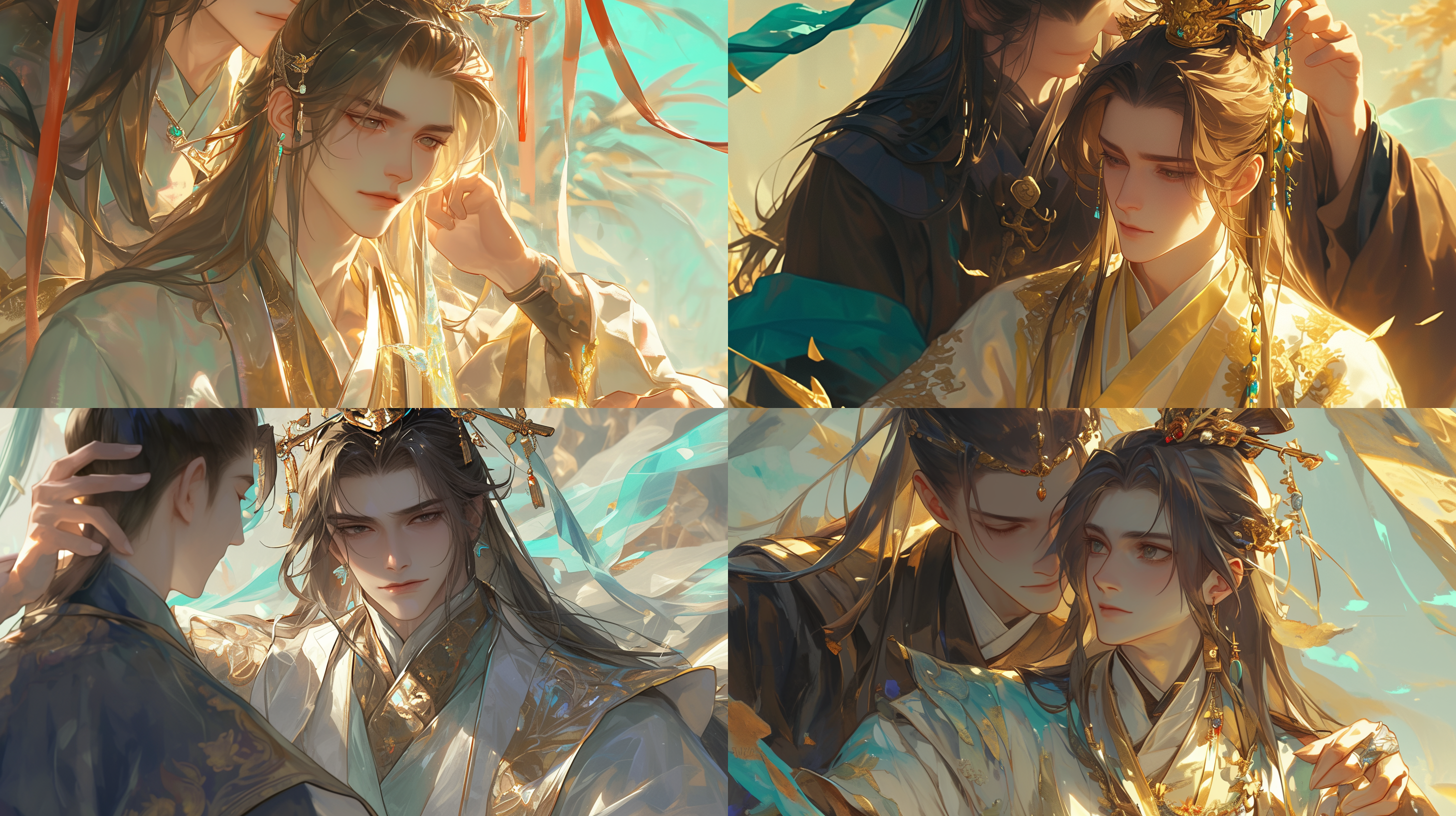 古风少年身穿淡墨色长衫，发束金冠，冠上镶嵌珠子，肤白如雪，阴柔俊美，腰间系着一根浅绿色腰带，上面系着一枚玉佩，眼神温柔，黑眸灵动，身旁站着另一名身穿深黑蓝色长袍的少年，高鼻梁，喉结微动，头戴黑冠束发，黑色发带飘扬，两位少年比肩站立，温柔微笑着，工笔写意插画，室内，正面肖像，白冷色系，一起在吃饭，