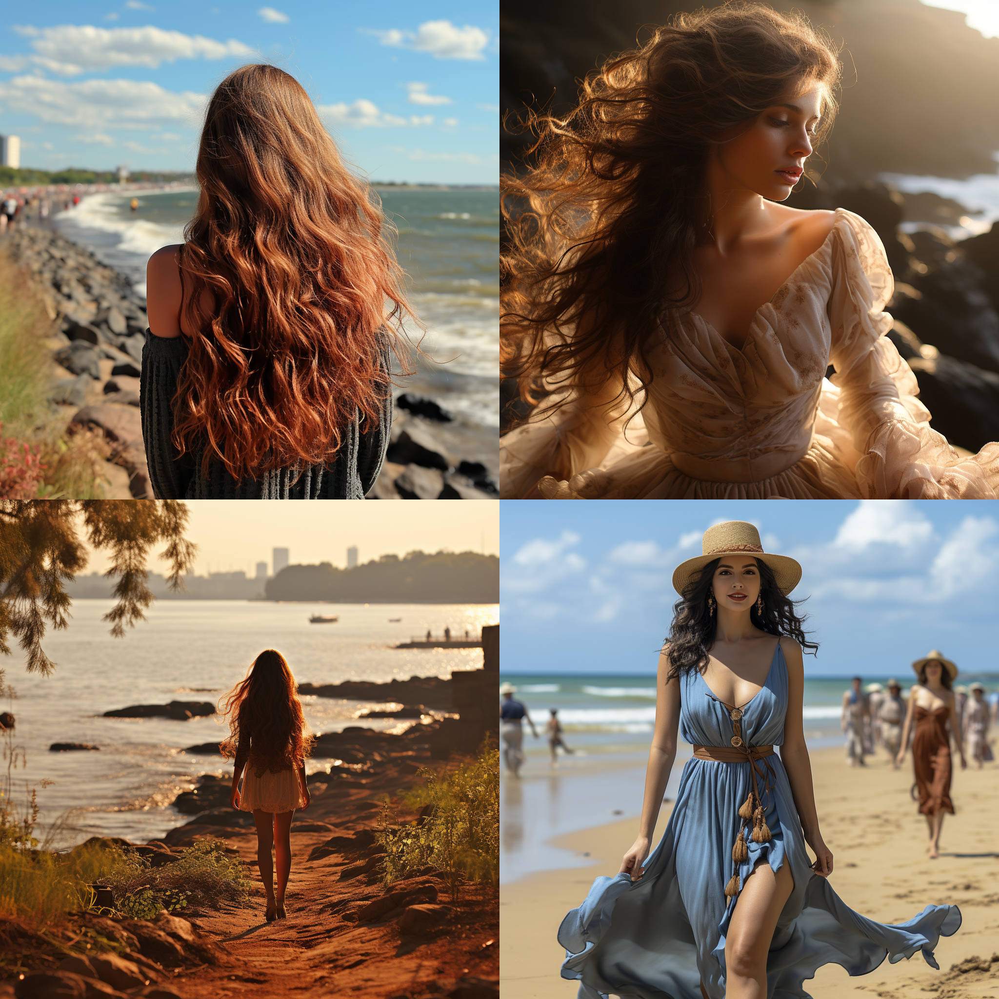 少女在沙滩上，穿着白色连衣裙，微风中飘逸。她背对着镜头，迎着海浪，阳光照在她的侧脸上，微笑着。金色的沙滩、碧蓝的海水和天空构成了一幅宁静而美丽的画面。风景摄影，自然光，长焦镜头，纯净，恬静，轻松，温暖，自由。