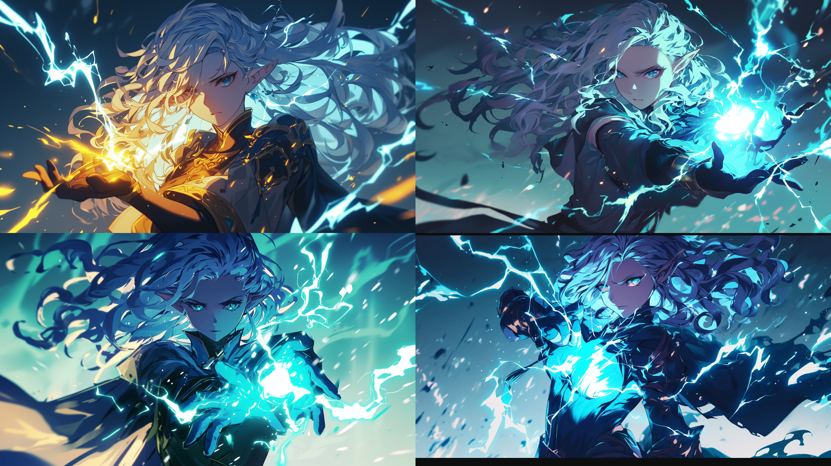 银发女精灵法师释放毁灭之雷的法术，人物背光，闪电特效