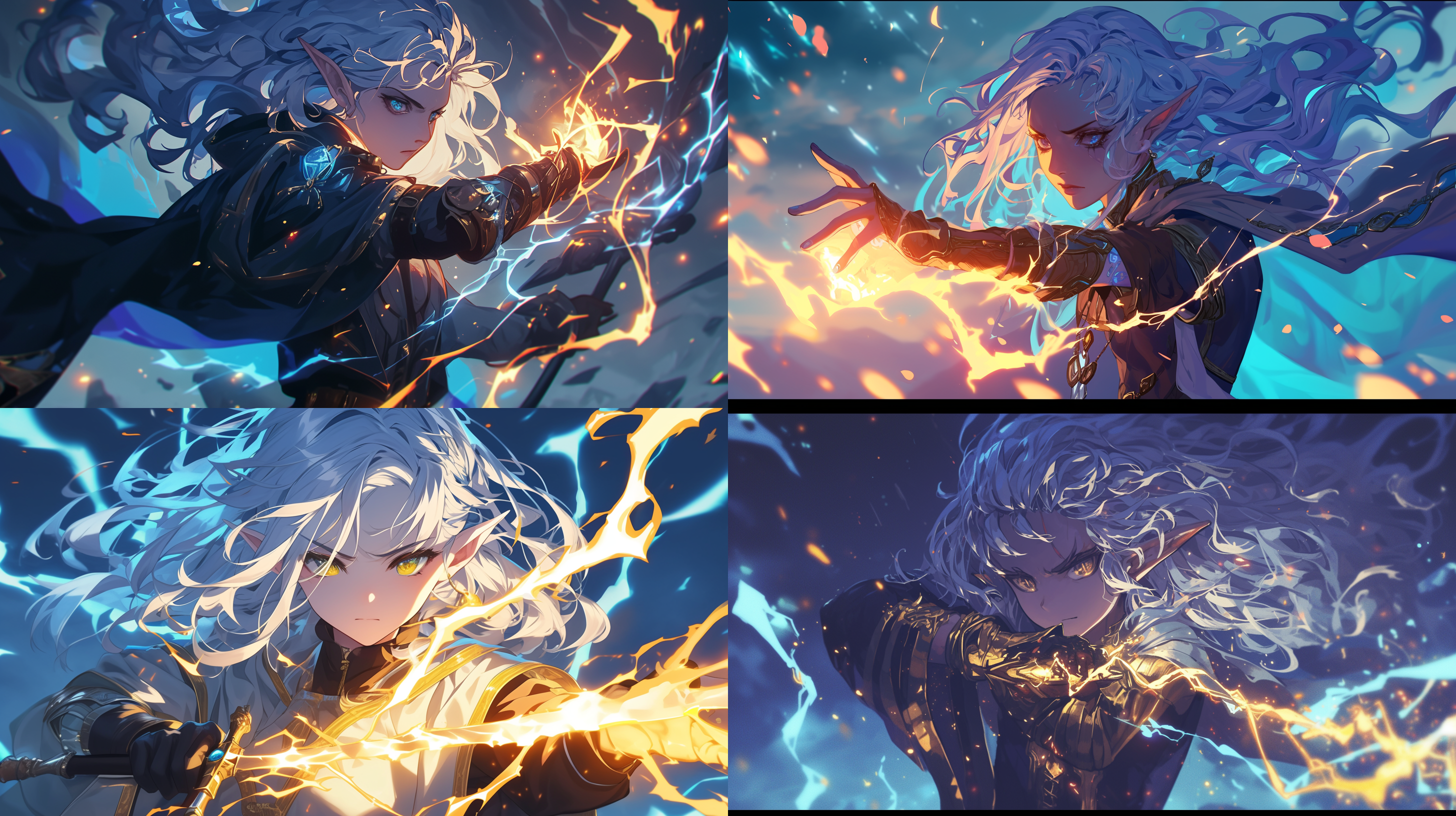 银发女精灵法师释放毁灭之雷的法术，人物背光，闪电特效