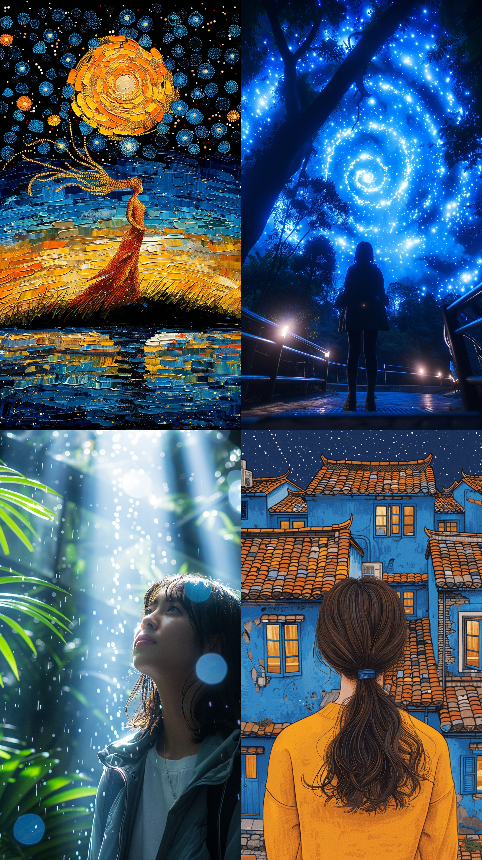 一个留着美丽飘逸头发的女人站在花园里，蓝点灯光旋转，文森特·梵高的绘画风格，点画风格，壮丽的风景，插图，负空间，凹版，艺术，极简主义。