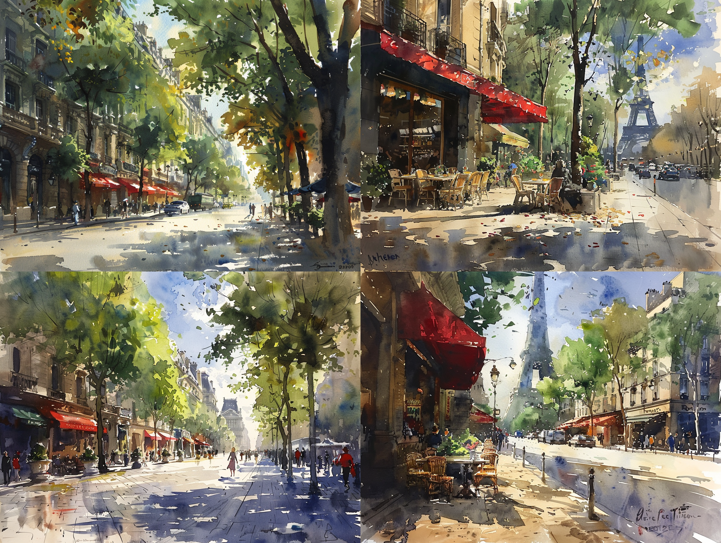 巴黎，avenue deschamps-élysées，商店，游人，蓝天白云，明媚阳光与斑驳树影，夏日，暖色调，阳光，全景，完美构图，精致水彩纹理，柔和光线，丰富细节，和谐色彩，广角镜头，侧光，高饱和度，细腻笔触