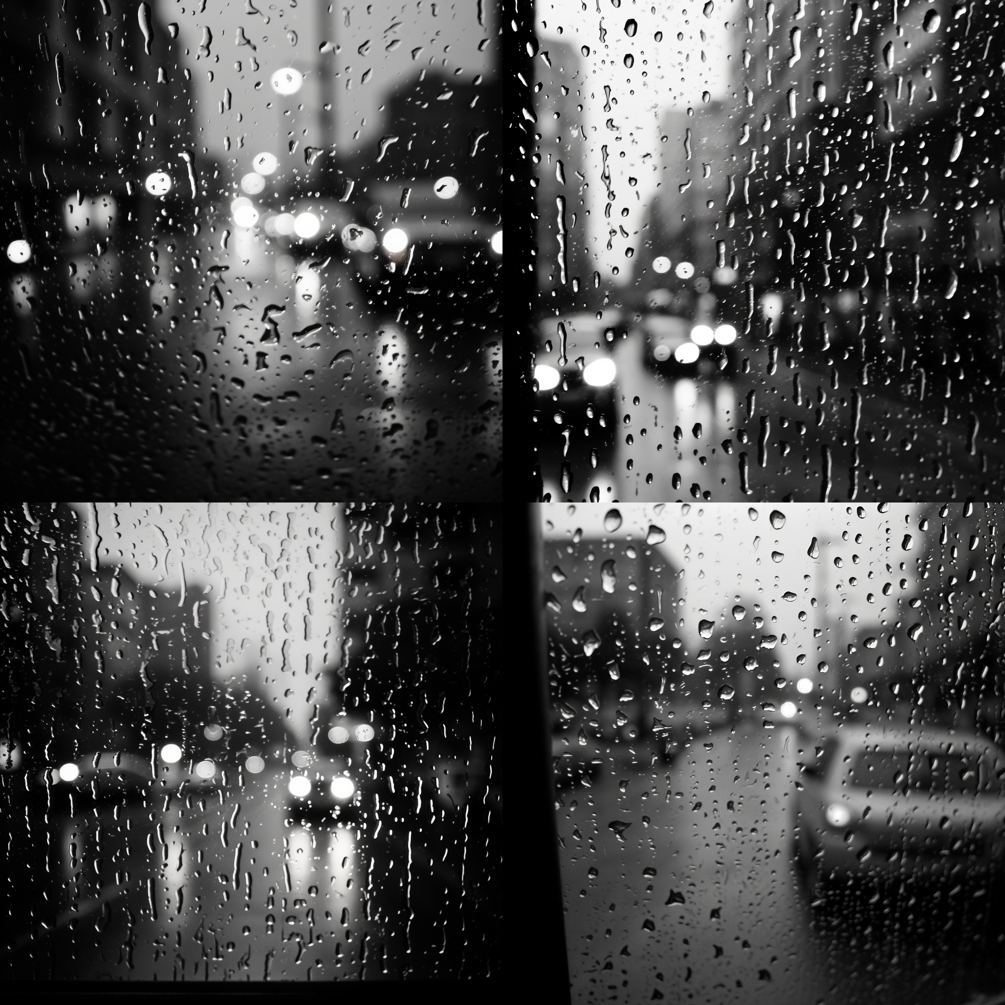 雨天车里，玻璃，城市街道，雨滴，黑白，侧逆光，抽象，模糊，水滴，反射，情绪。