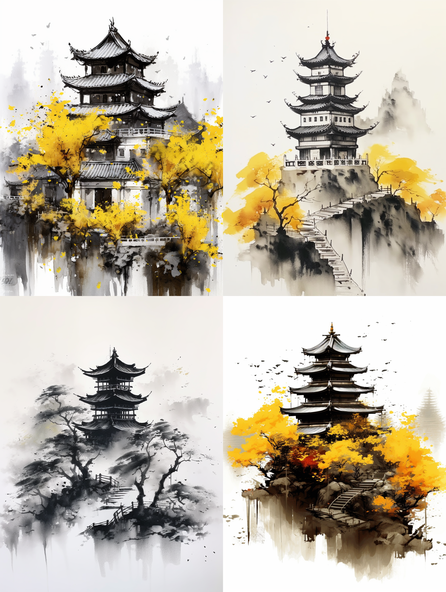 chinese landscape painting, with the arrival of spring, is a millennium old temple with yellow walls, black roofs, and white magnolias blooming everywhere. a tiny beauty, macro shot, pure white background, ink artistic concept，极简主义