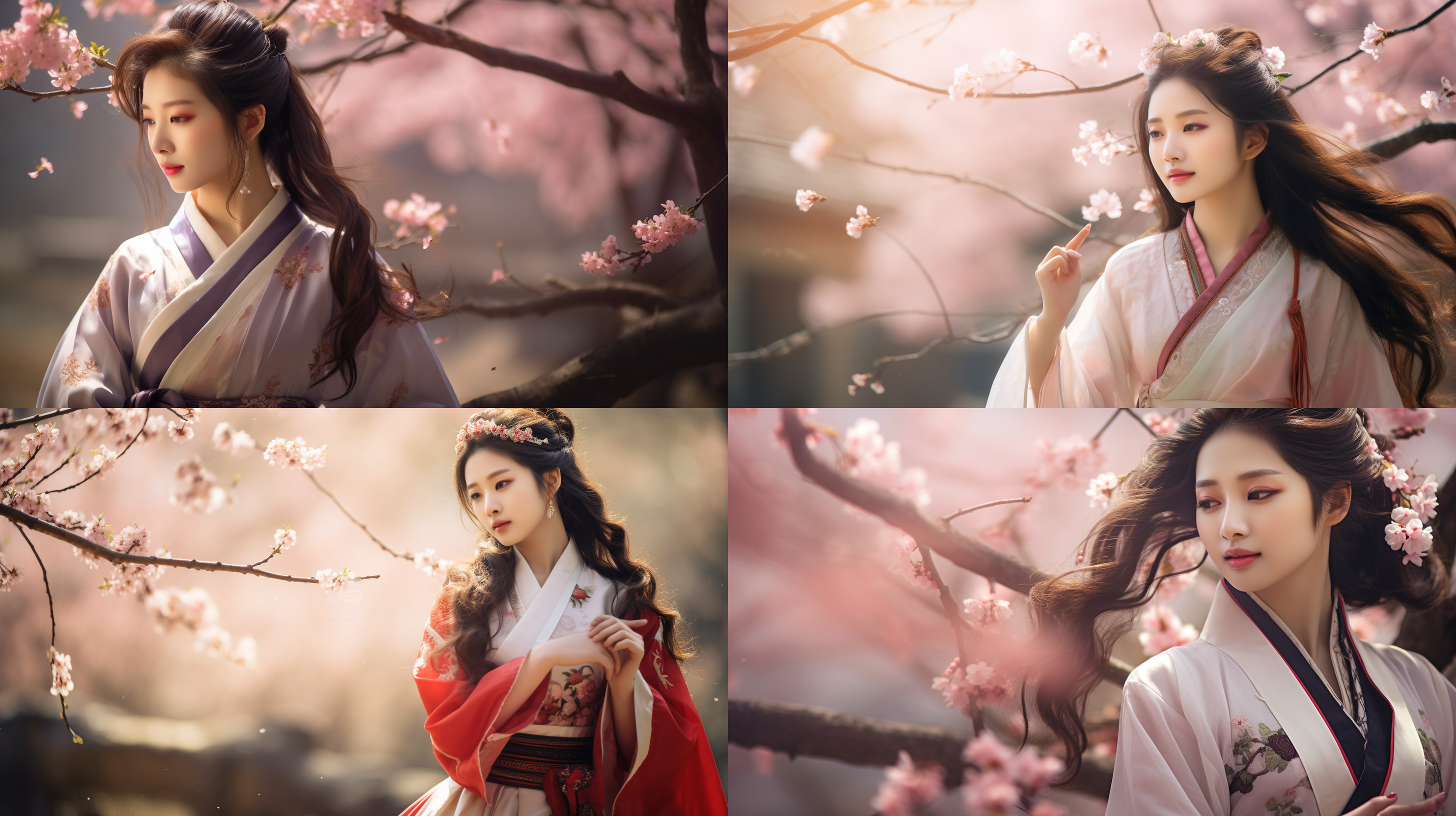 亚洲女性微笑，长发，穿着汉服，在樱花树下，全景，柔和光线，自然动作，动作优美，平静，高画质，8k分辨率，大师级摄影，完美构图，完美视角，肖像摄影，自然色彩，优雅。