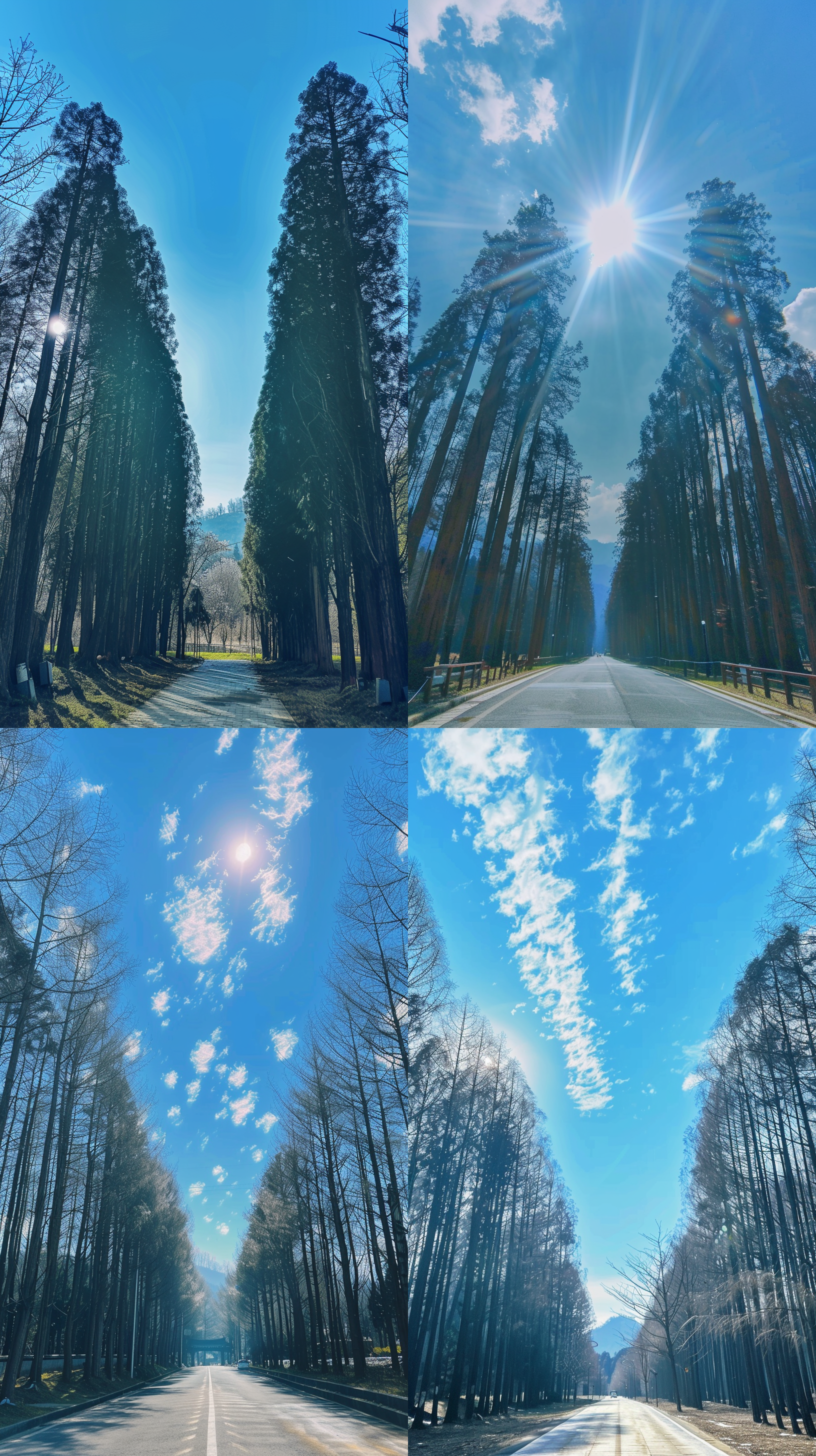 高耸入云的水杉，远处是洁白的雪山，蓝天