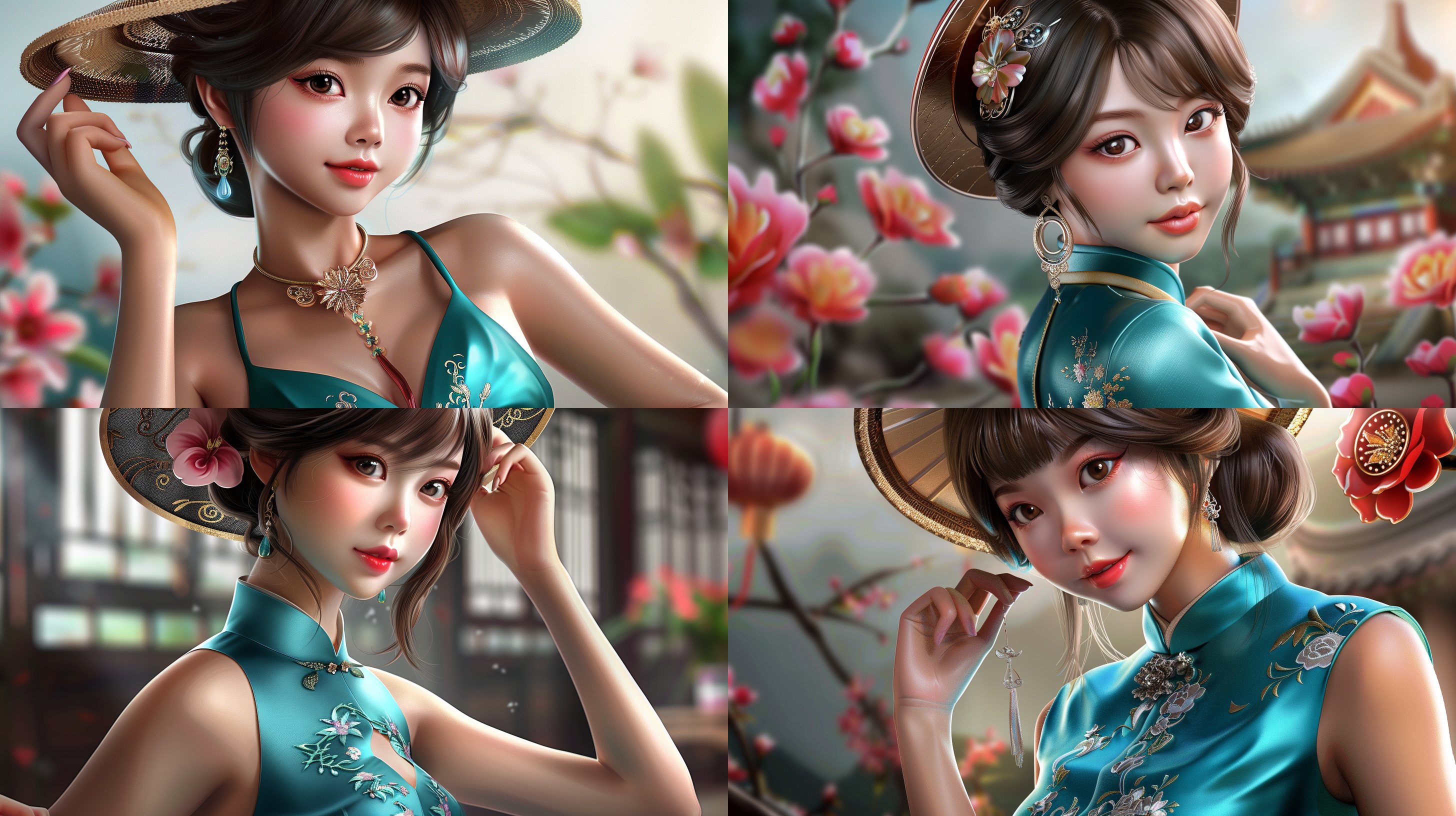 cartoon portrait, a asian young beautiful womanwearing a blue dress, with forals and hat, rococostyle