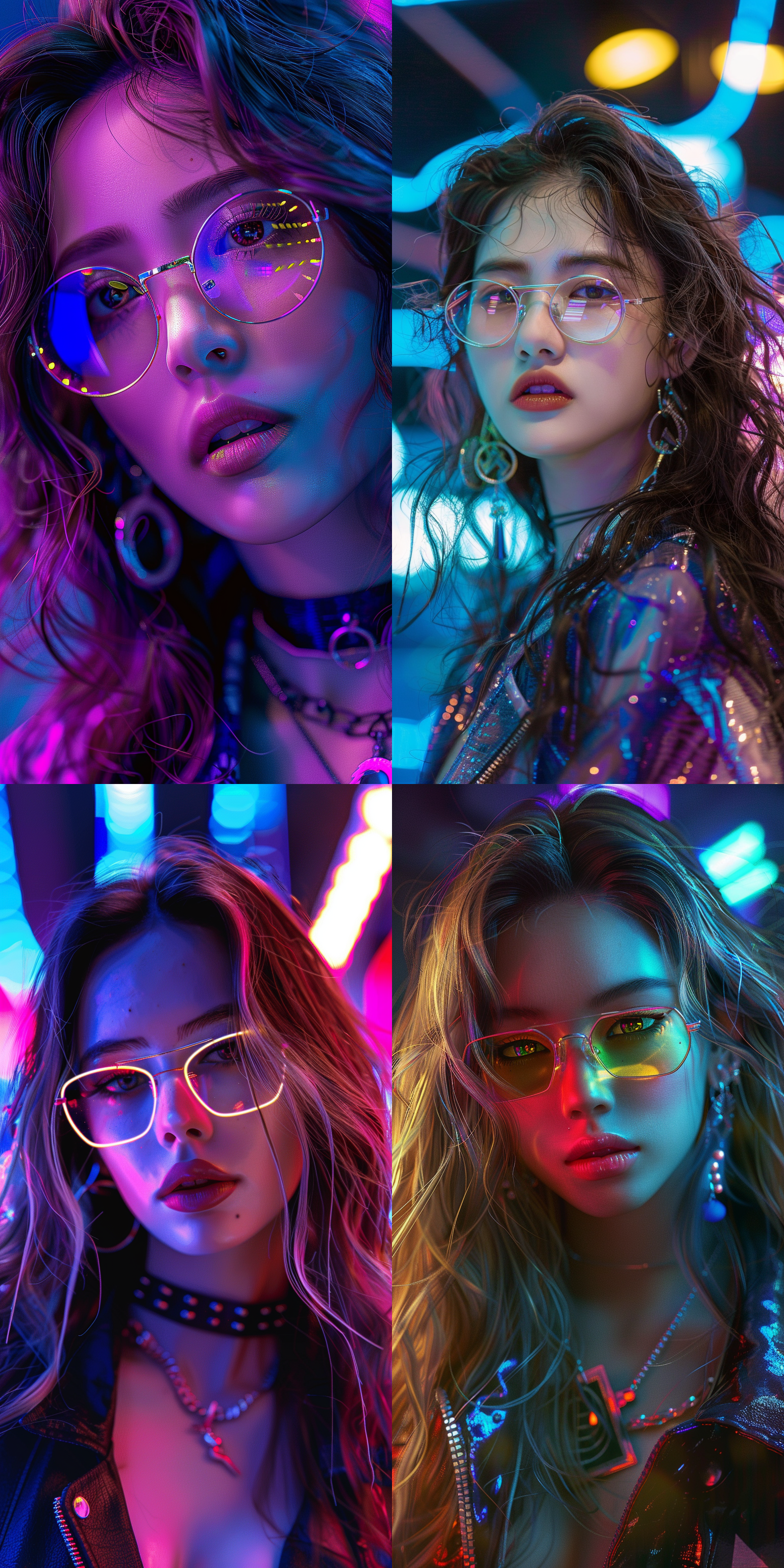 赛博朋克国潮风，摄影大赛，超美女生(高级精致的面容 id)，长发，波浪卷发型，炫酷眼镜，朋克衣服，色彩鲜艳，明亮的光线，正面视角，特写，超精细，超清晰度，超高分辨率，超高品质，超高质量，超高清，32k