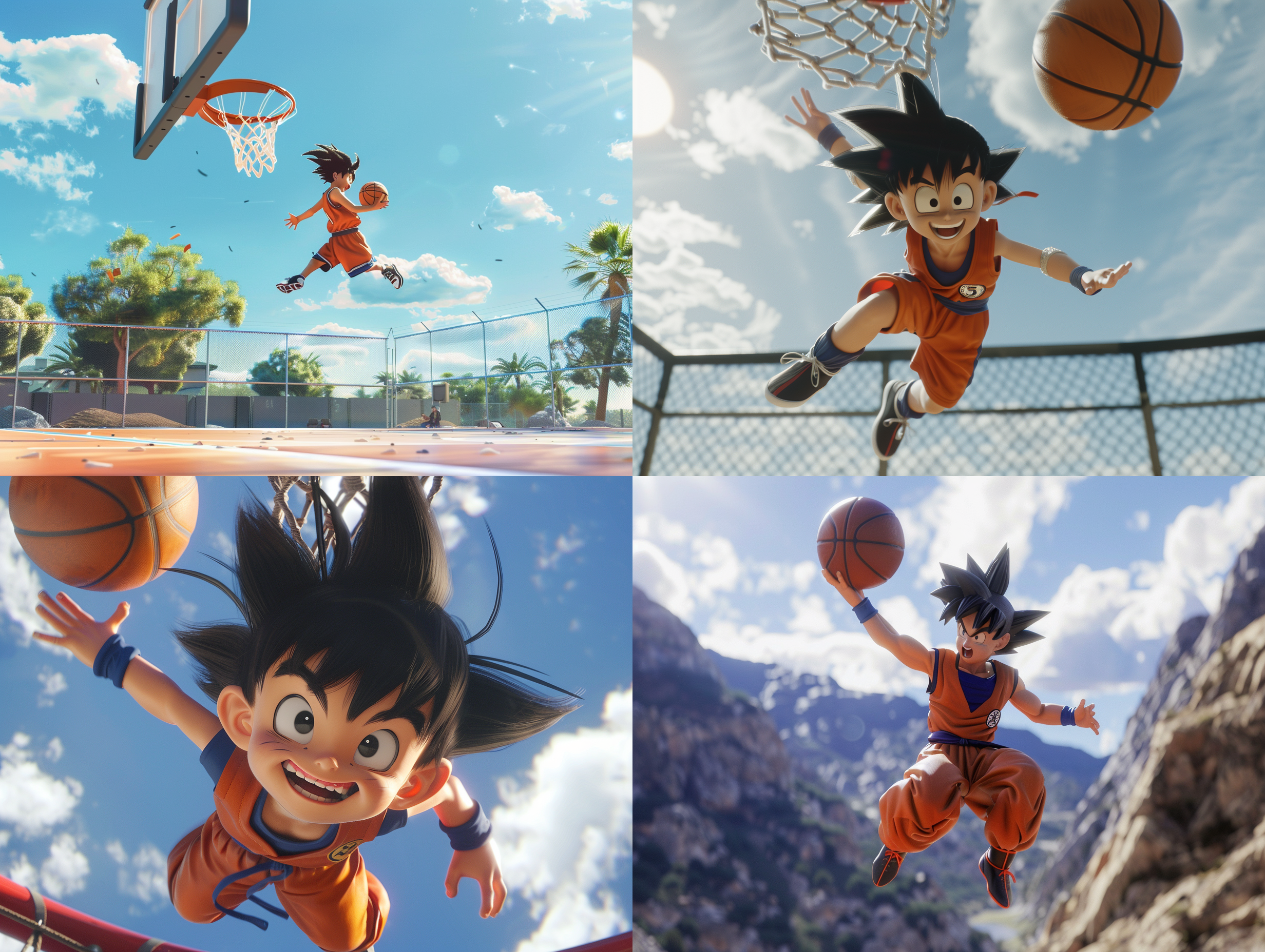 prompt: full body,3d concept. dragonball z kid goku, dunking, basketball court made in glossy rubber, low - angle, blue sky, visual impact. unreal engine 5 rendering, skin subsurface scattering, high sampling, high pixel count, extreme facial detail, aaa. cinematic lighting, commercial post production, glossy finish, cinematic lighting, screen space gl, ray tracing gi diffuse reflection, luminescence, shadows, roughness, ray tracing reflection, lumen reflection, akira toriyama style, shutter speed 1/ 1000, , 32k f/ 22, 32k, super resolution