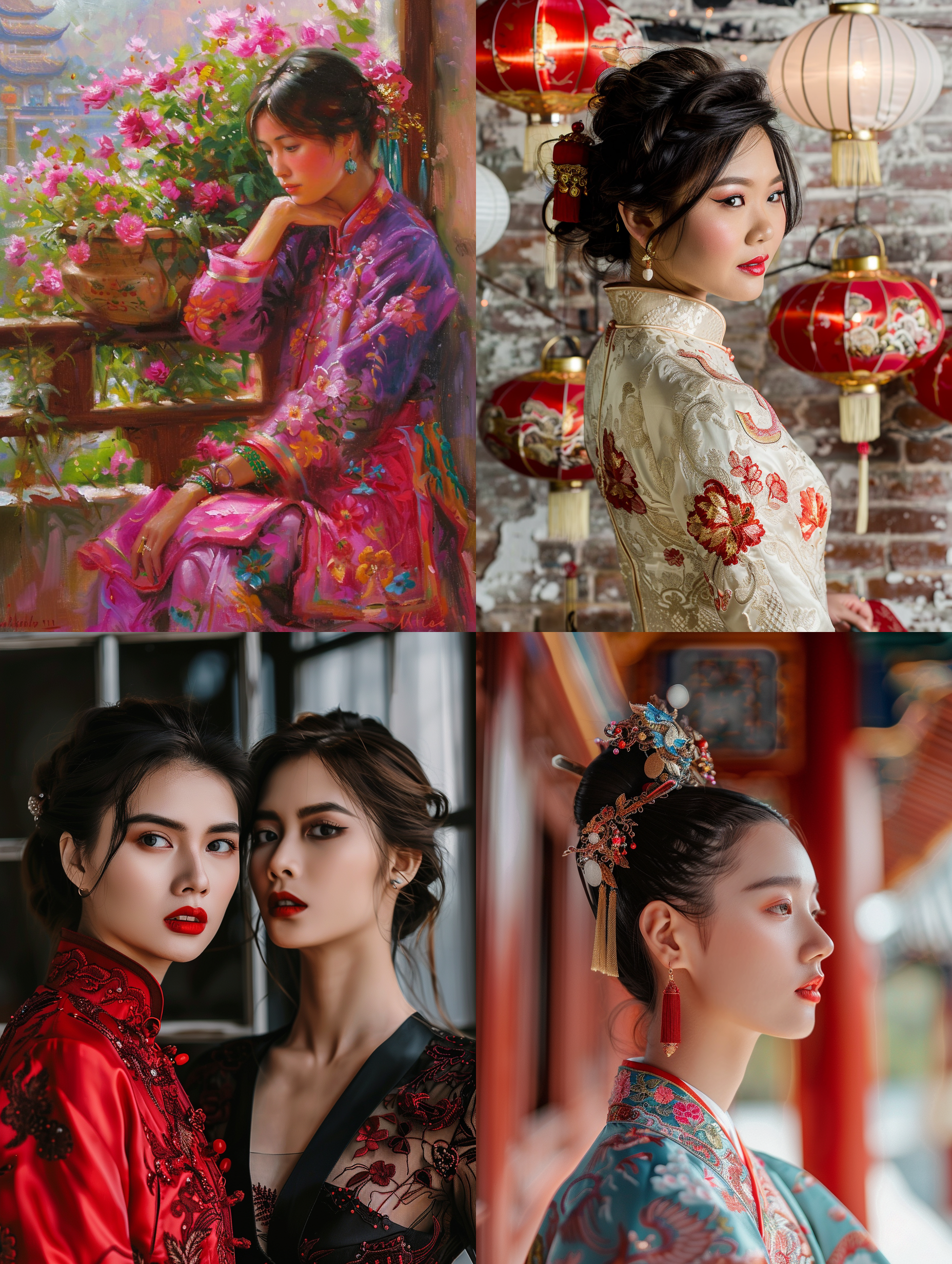 室内拍摄，明亮色调，中国模特穿着古典服装，侧面肖像，柔和光线，中焦镜头，端庄表情，优雅动作，传统元素，油画效果，温暖情感