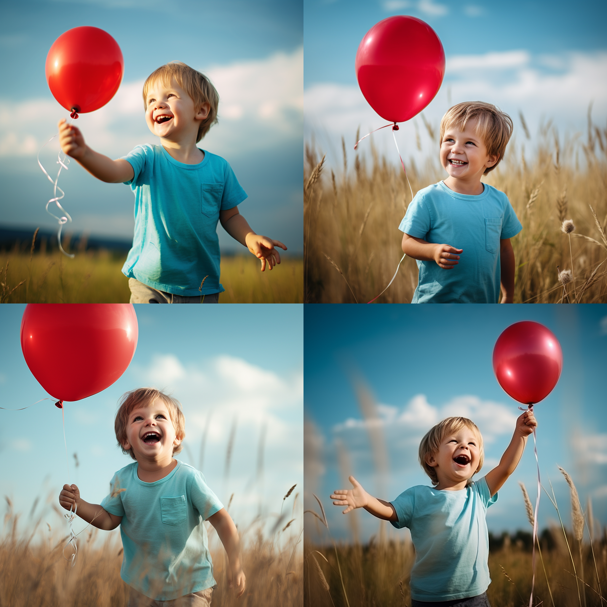 小男孩手举红气球笑得合不拢嘴，蓝短裤白衬衣，仰望天空，青绿色草地背景，浅景深，柔和光线，广角镜头，活力，童趣，快门速度快。