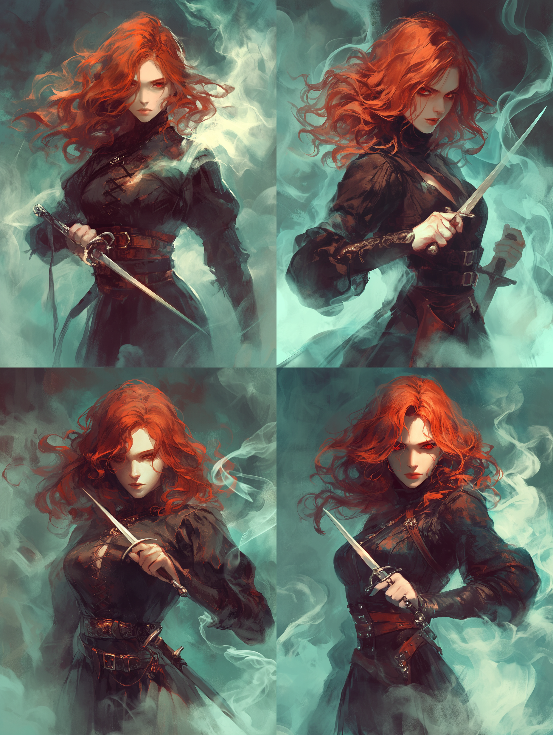 红发红眼的少女杀手，隐藏在烟雾中，手持匕首，伺机而动，全身像，正面视角，狂野，高效果，高品质，16k