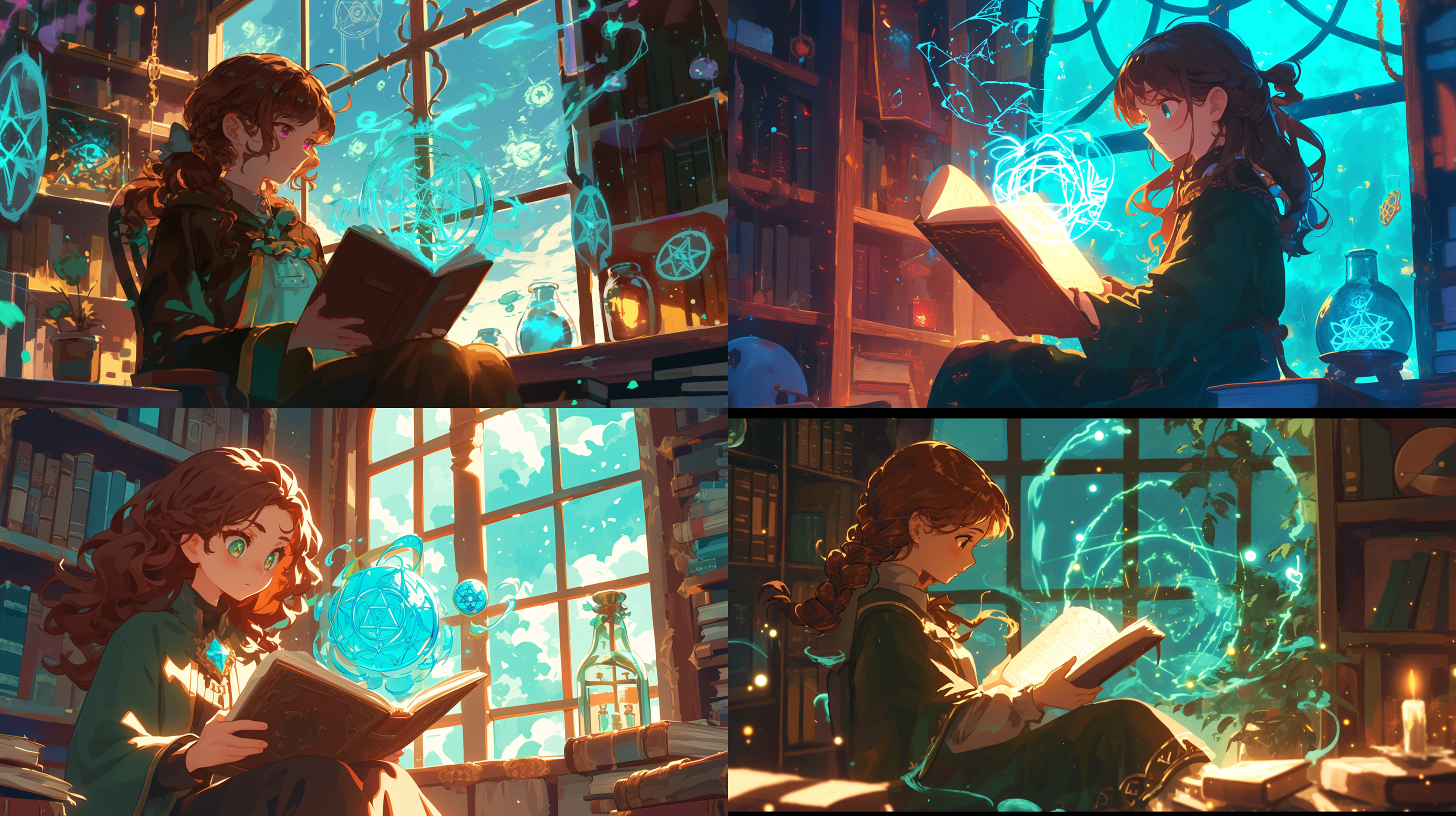 坐在在窗台边，棕色头发的少女，手捧着魔法书在阅读。魔法书上的展现出魔法纹路，魔法符号悬浮，能量展现，夜晚