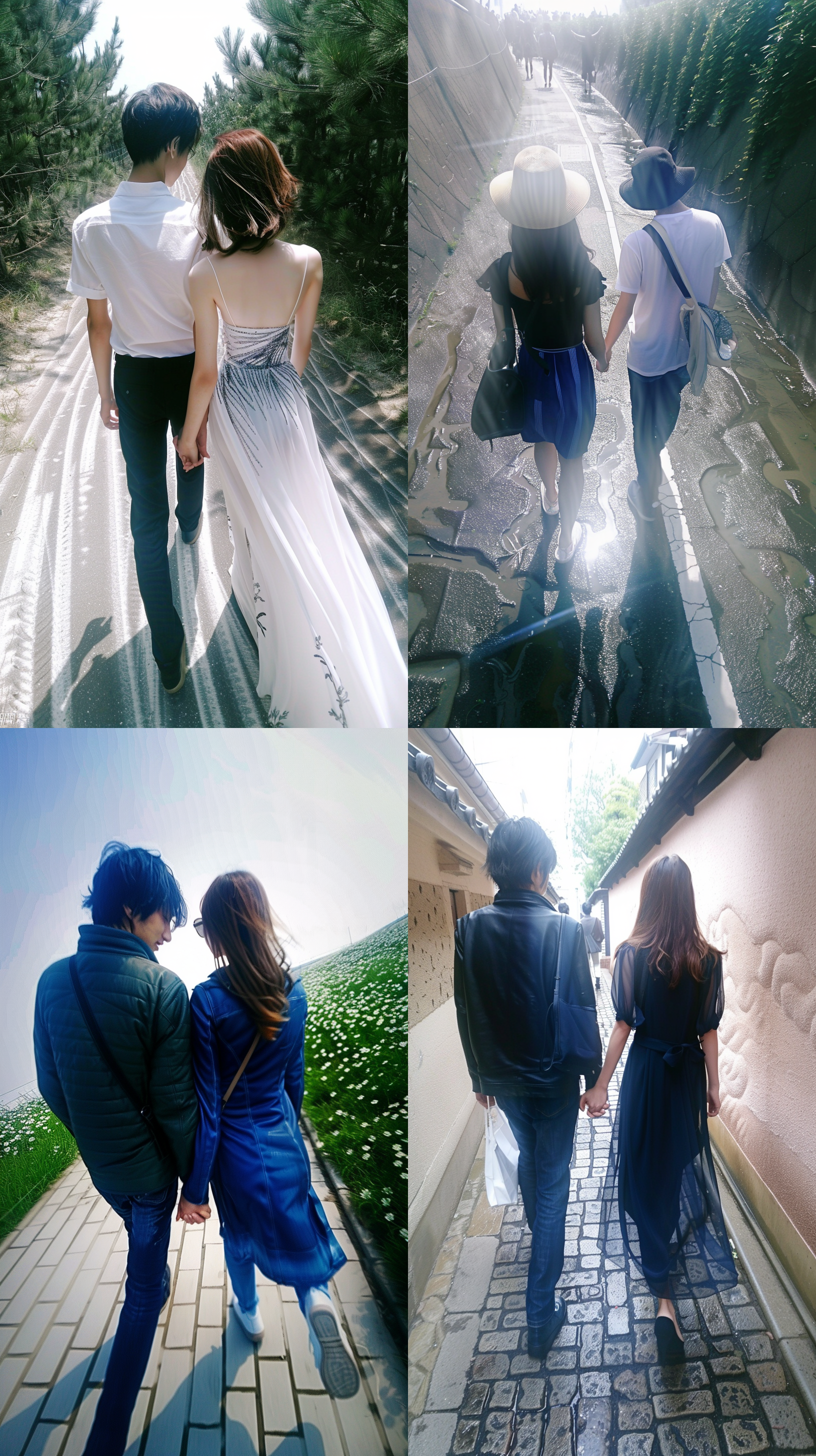 男女漫步，对角线构图，自然环境，长焦镜头，柔和侧光，手牵手，恬静，浪漫，绿色植物，轻松愉悦，温馨。 摄影纪实 太阳光 瞪大眼 常春藤 调色板 日式园林 半身