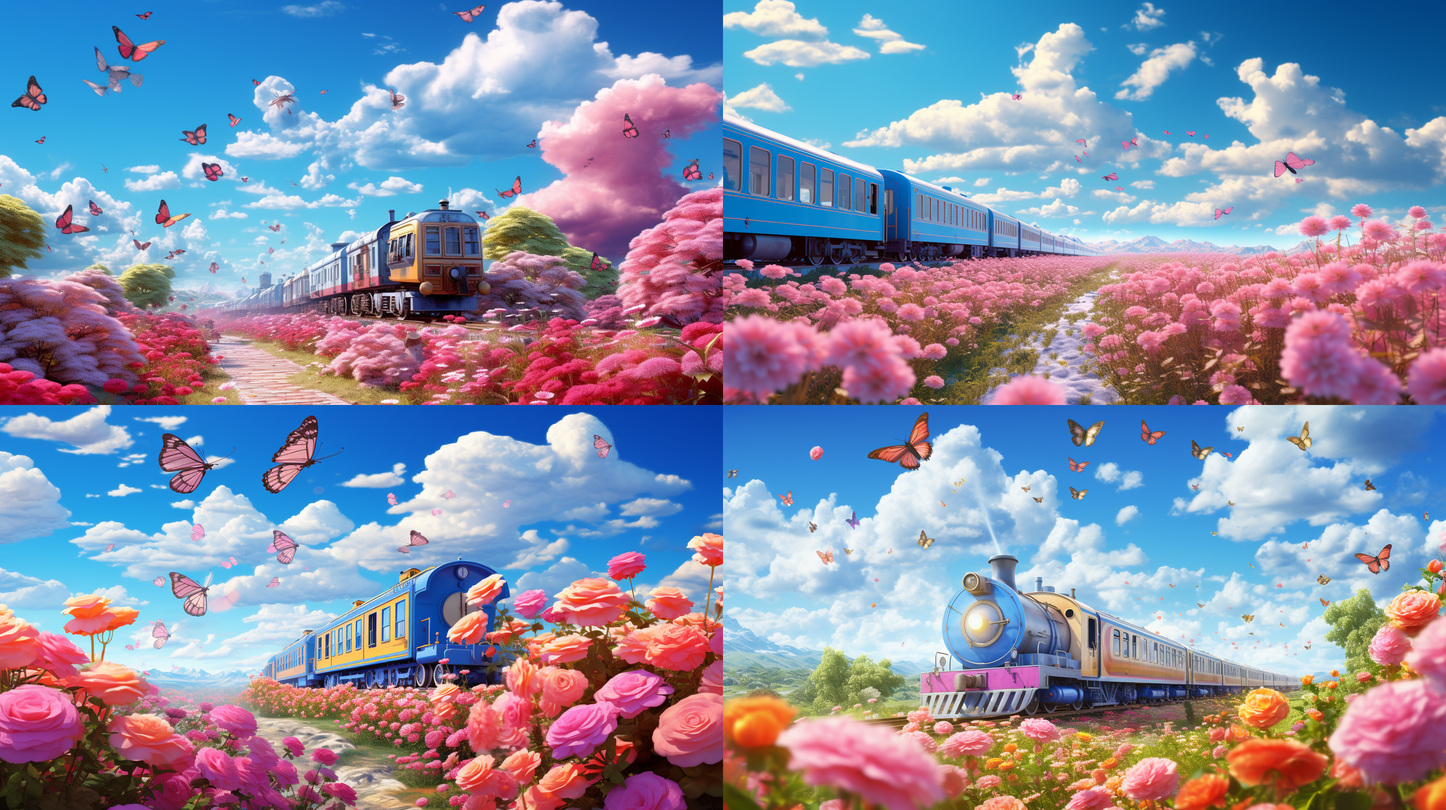 玫瑰花海，火车穿过，蝴蝶飞舞，房子在远处。大景深，鲜艳色彩，广角镜头，蓝天白云，自然光，绚丽。
