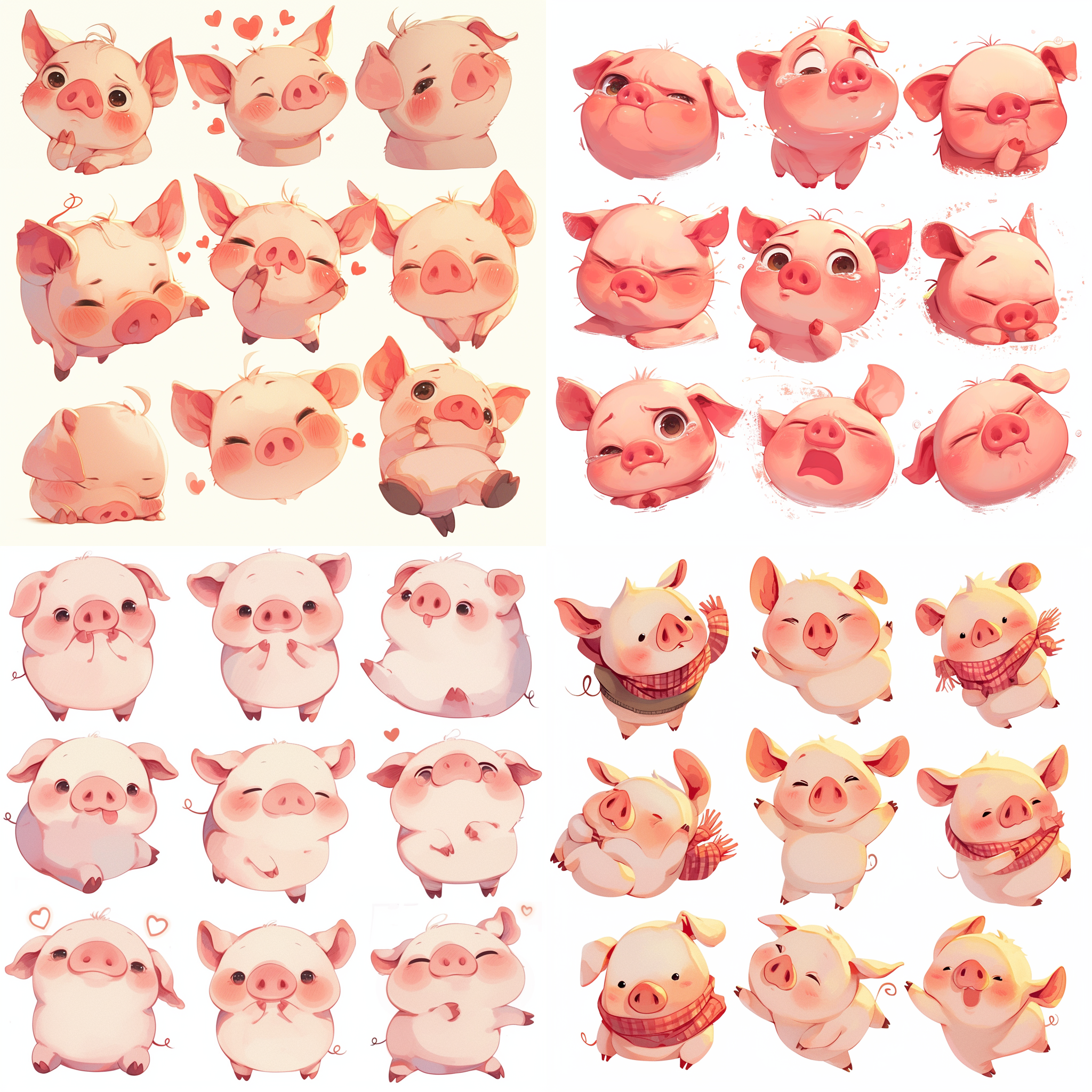 可爱小猪，面部特写，夸张动作，各种表情，白色背景，q版，贴纸设计，超高清，8k，九宫格布局，丰富色彩，活泼，微距镜头，明亮光线，生动。