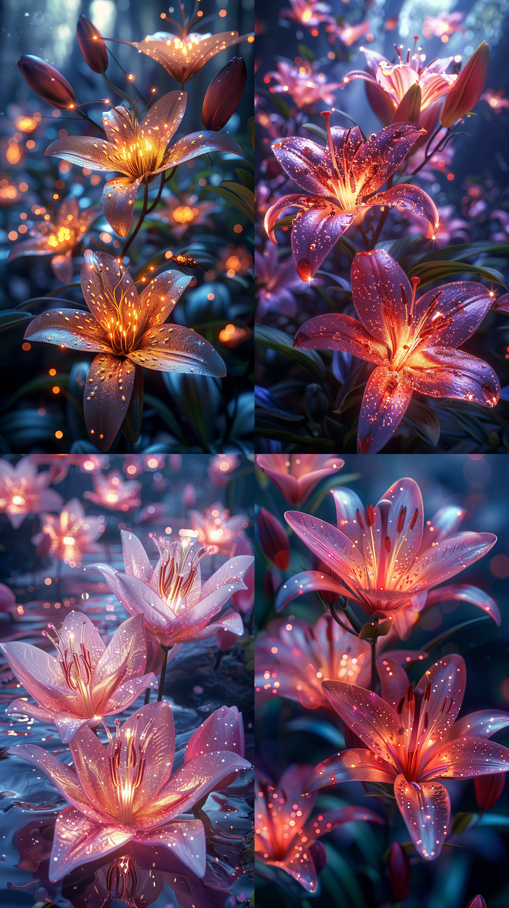 鲜花，拍摄，水晶发光体，百合花，光纤，彩色，背景大自然森林，广视角，oc渲染器，高质量