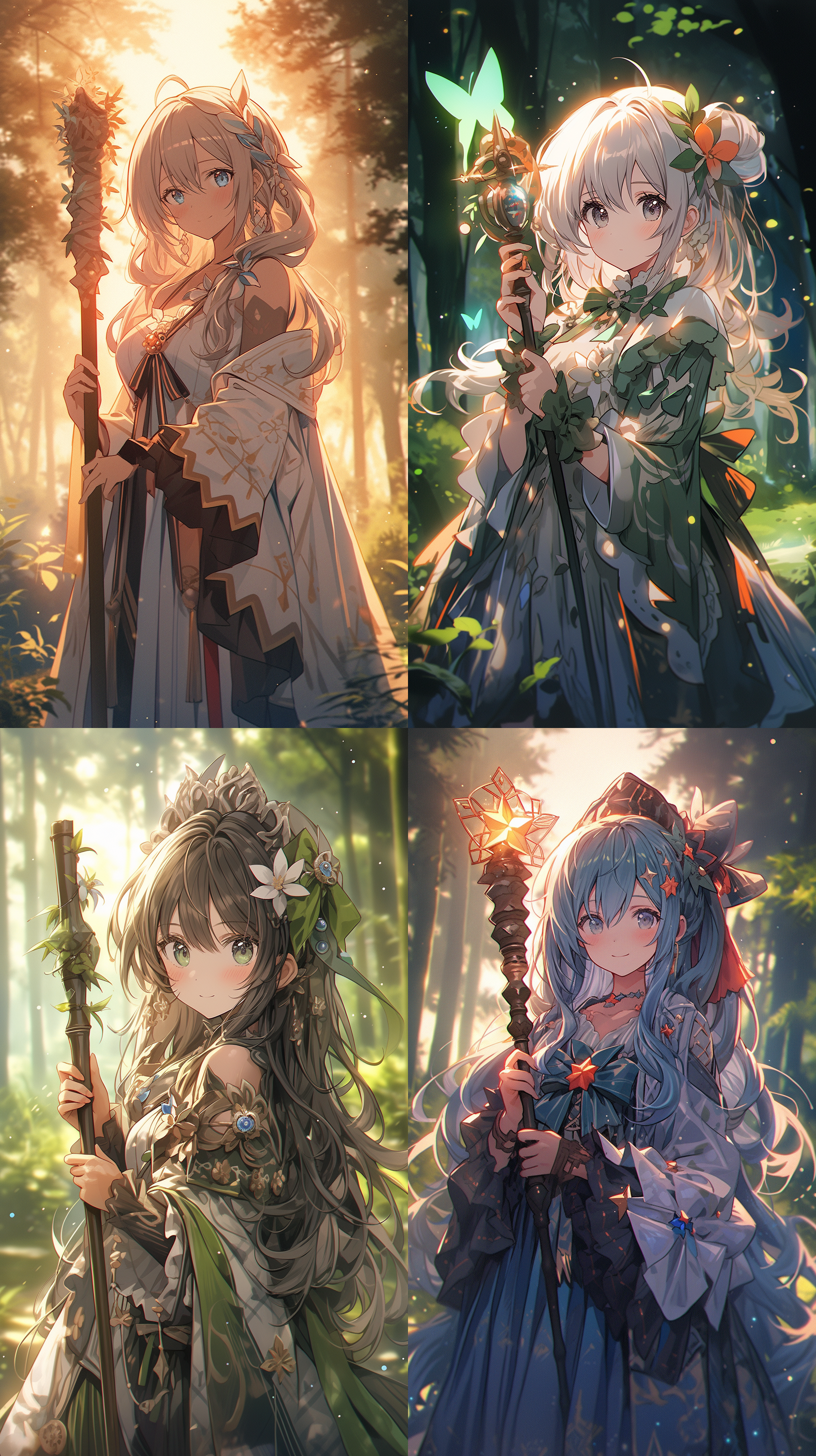 魔法少女，站在森林中，穿着华丽的魔法服装，手持闪烁的法杖，微笑面对镜头。奇幻风格，树木环绕，暖色调，长焦镜头，自然光，优雅动作，流畅线条，神秘感。