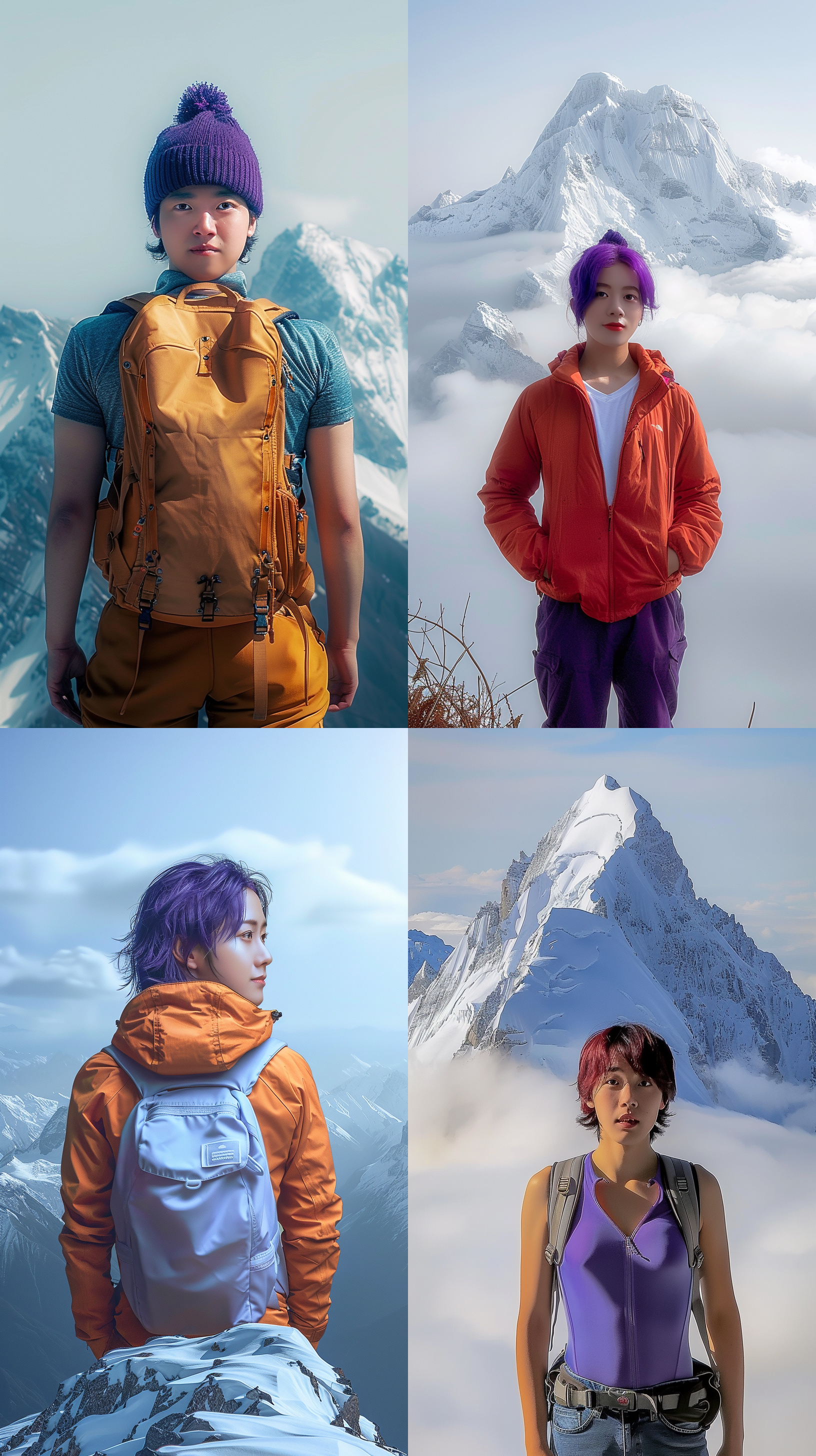 一个男人站在山顶，背对镜头，望着远方。他身穿登山服，脸上带着微笑，背景是壮丽的雪山和蓝天白云。风景优美，自然光线，远焦距镜头，震撼，自由，宁静。