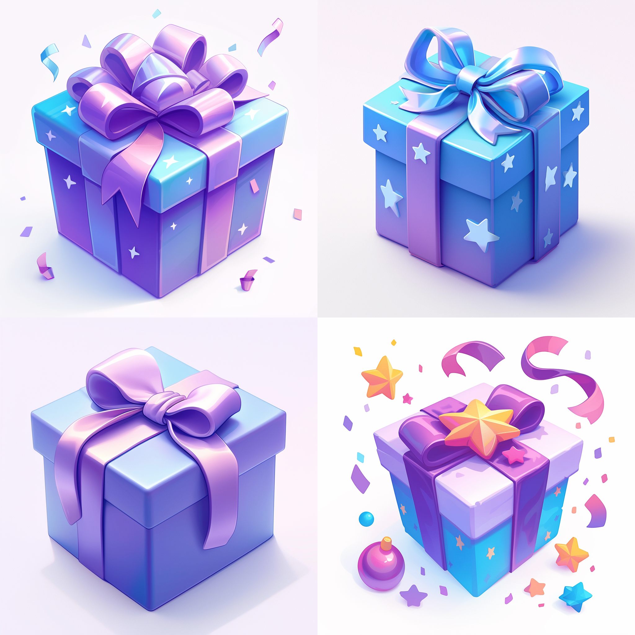 可爱的 3d 礼盒图标，极简风格，紫蓝色，白色背景，超现实，磨砂效果，细节清晰