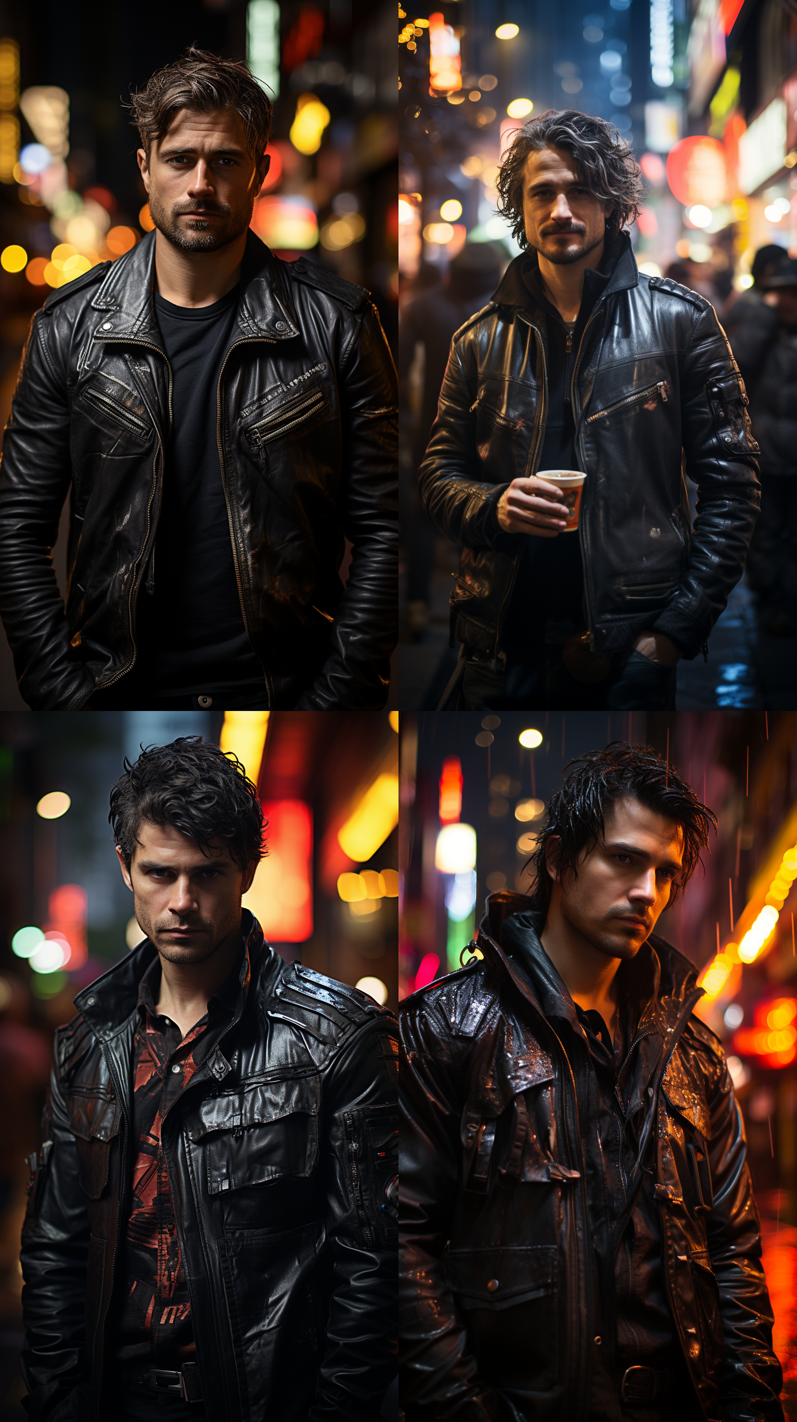 黑色皮衣皮裤的人像，站在城市街道上。背景是高楼大厦和霓虹灯，形成了现代都市的氛围。人物表情冷酷自信，手里拿着一支烟。摄影风格采用高饱和度、高对比度，突出人物的个性和力量感。广角镜头捕捉到周围环境的细节，增强了画面的层次感。黑白色调带来了一种神秘而霸气的感觉。