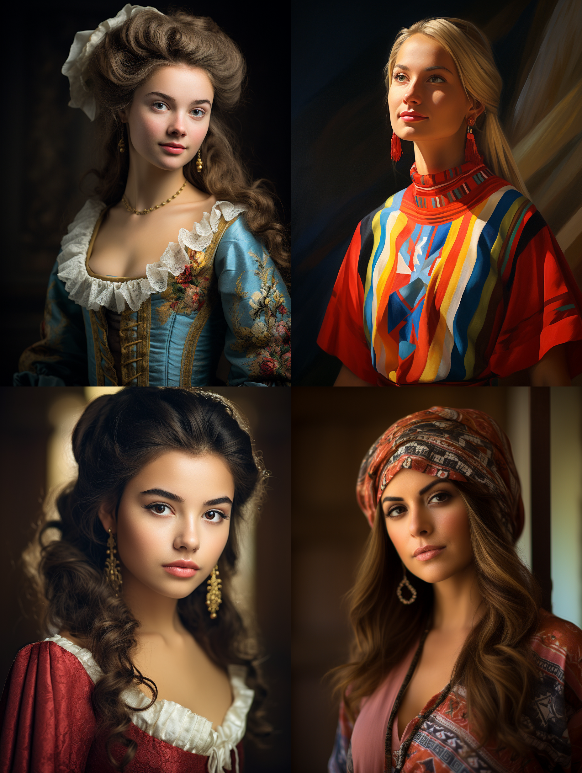 古典服装模特，明亮色调，室内拍摄，侧面肖像，柔和光线，中焦镜头，端庄表情，优雅动作，传统元素，油画效果，温暖情感。