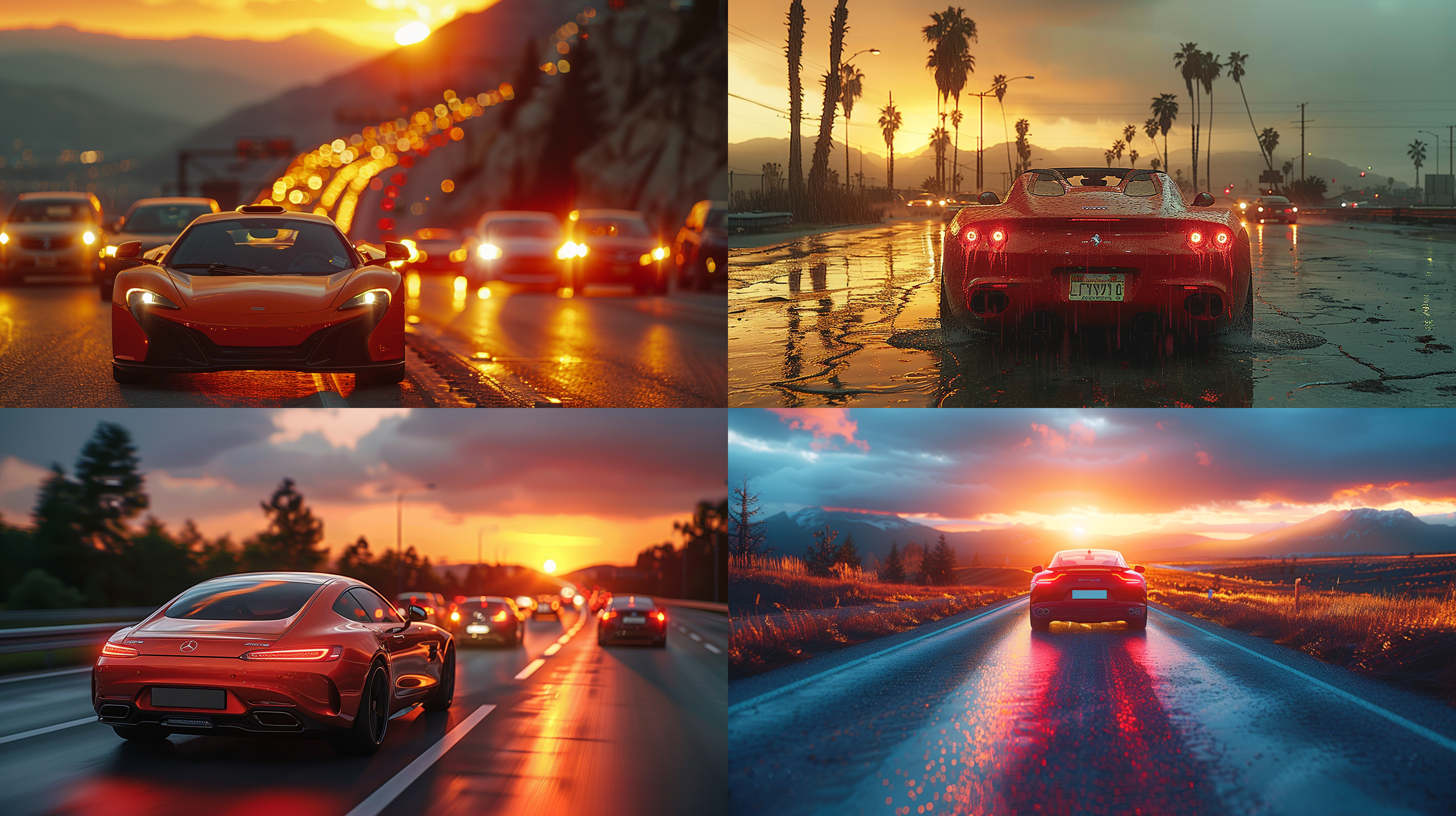on the highway, as the sun sets in the west, the traffic flows like a web, and the distant mountains are faintly visible, a red sports car speeding past. telephoto lens, backlight shooting, shutter priority, sense of speed, neon lights, warm tones, excitement.