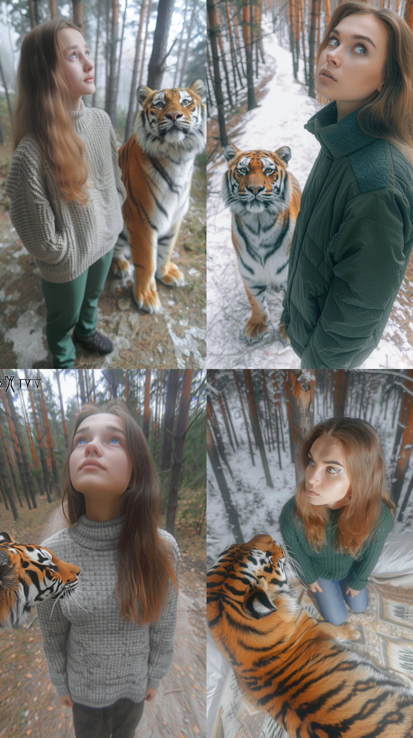 女孩与老虎，森林中，日落时分，温暖色调，长焦镜头，侧光，互动，神秘感，刺激，情感丰富。 摄影纪实 电影灯光