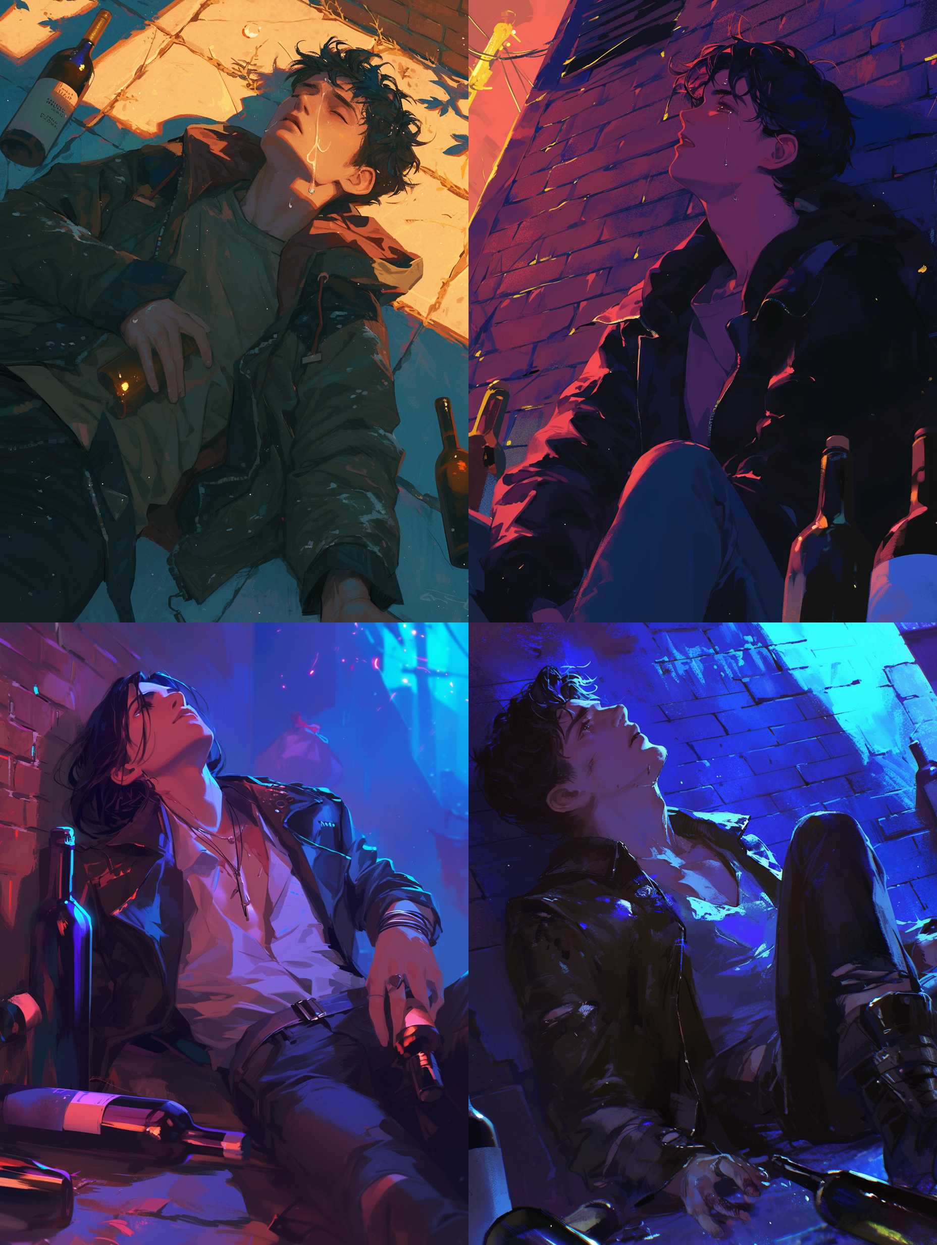 黑发的少年，醉酒，夜晚，路灯下，靠坐在墙壁，仰头，落泪，身边散落酒瓶，夜晚，正面视角，高效果，高品质，壁纸级别，英雄联盟风格，16k