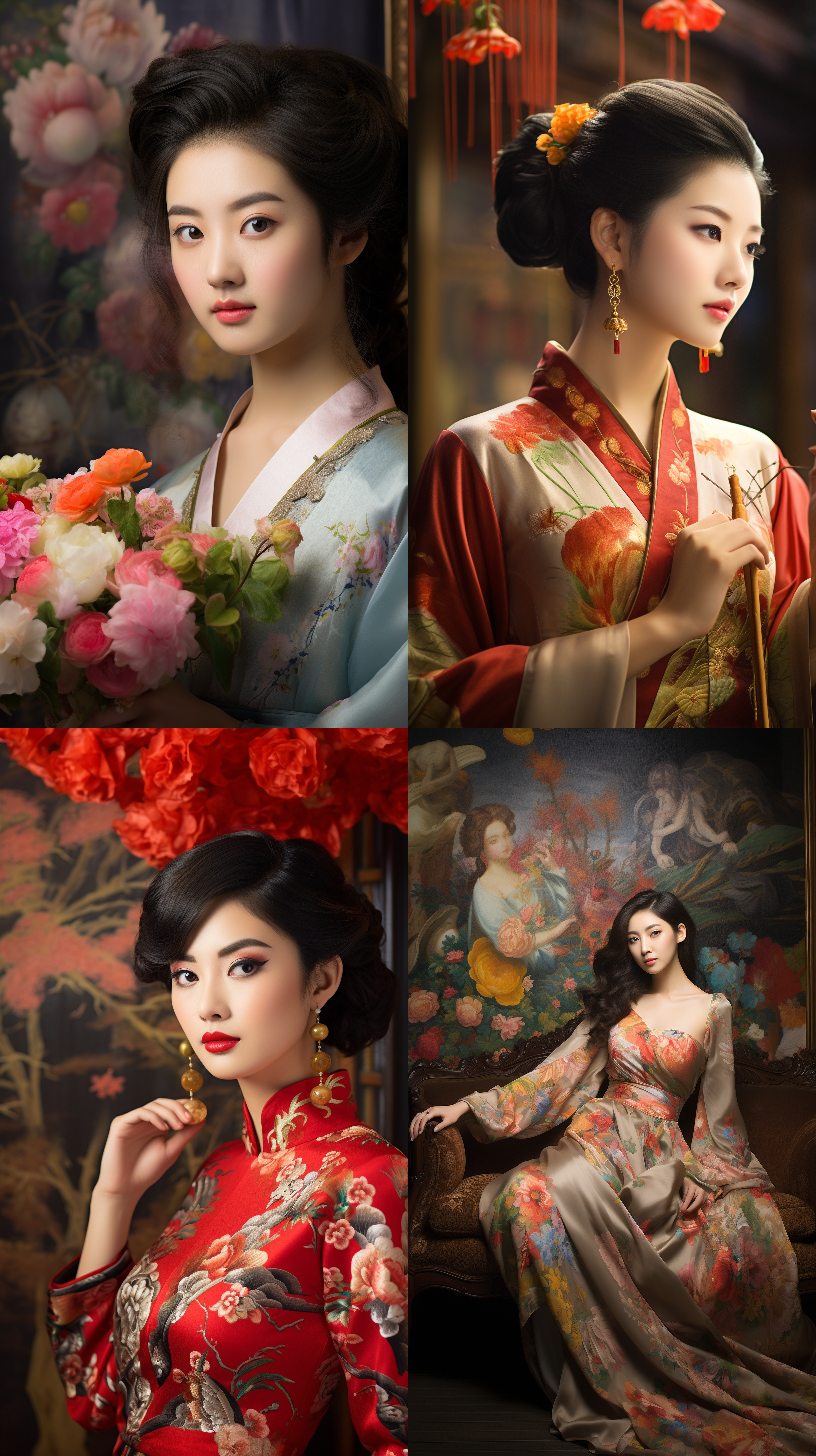 室内拍摄，明亮色调，中国模特穿着古典服装，侧面肖像，柔和光线，中焦镜头，端庄表情，优雅动作，传统元素，油画效果，温暖情感