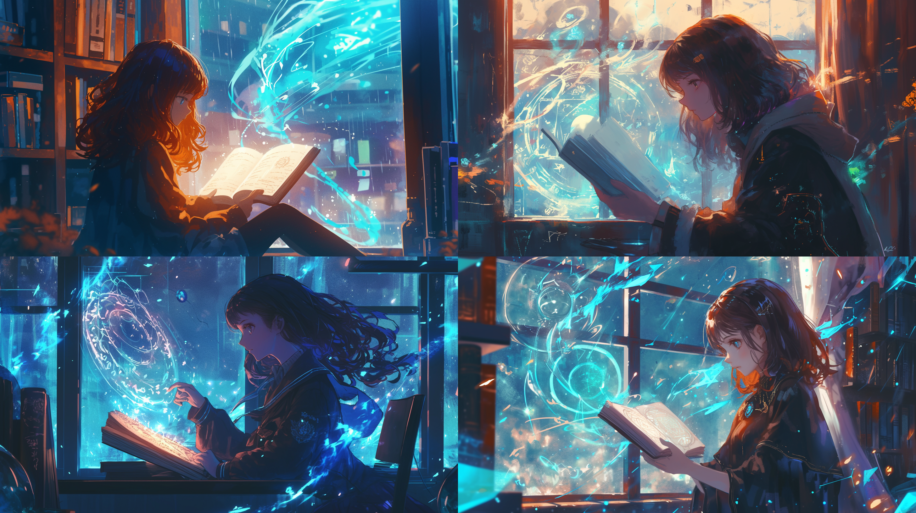 依靠在窗边，棕色头发的少女，手捧着魔法书在阅读。魔法书上的展现出魔法纹路，魔法符号悬浮，能量展现，夜晚