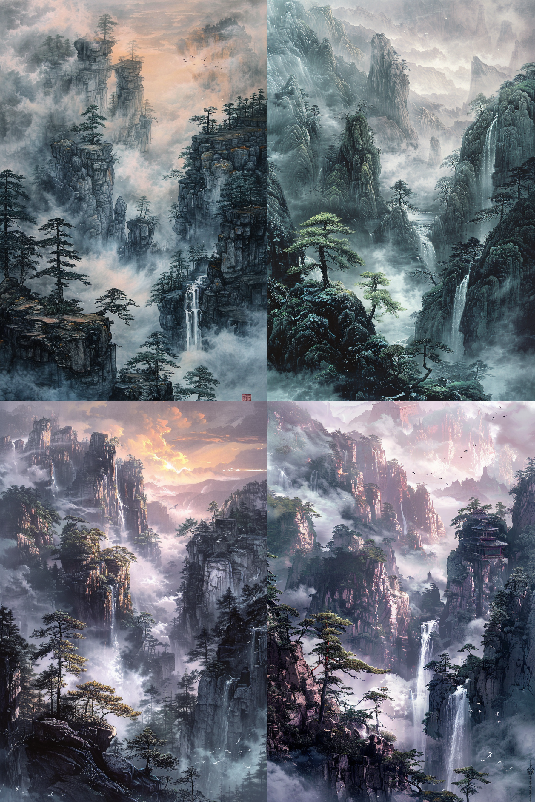 中国山水画，山水意境，禅宗美学，云雾，悬崖峭壁，松树，瀑布，仰视，丰富的灯光，极简主义，极致的细节，张大千风格