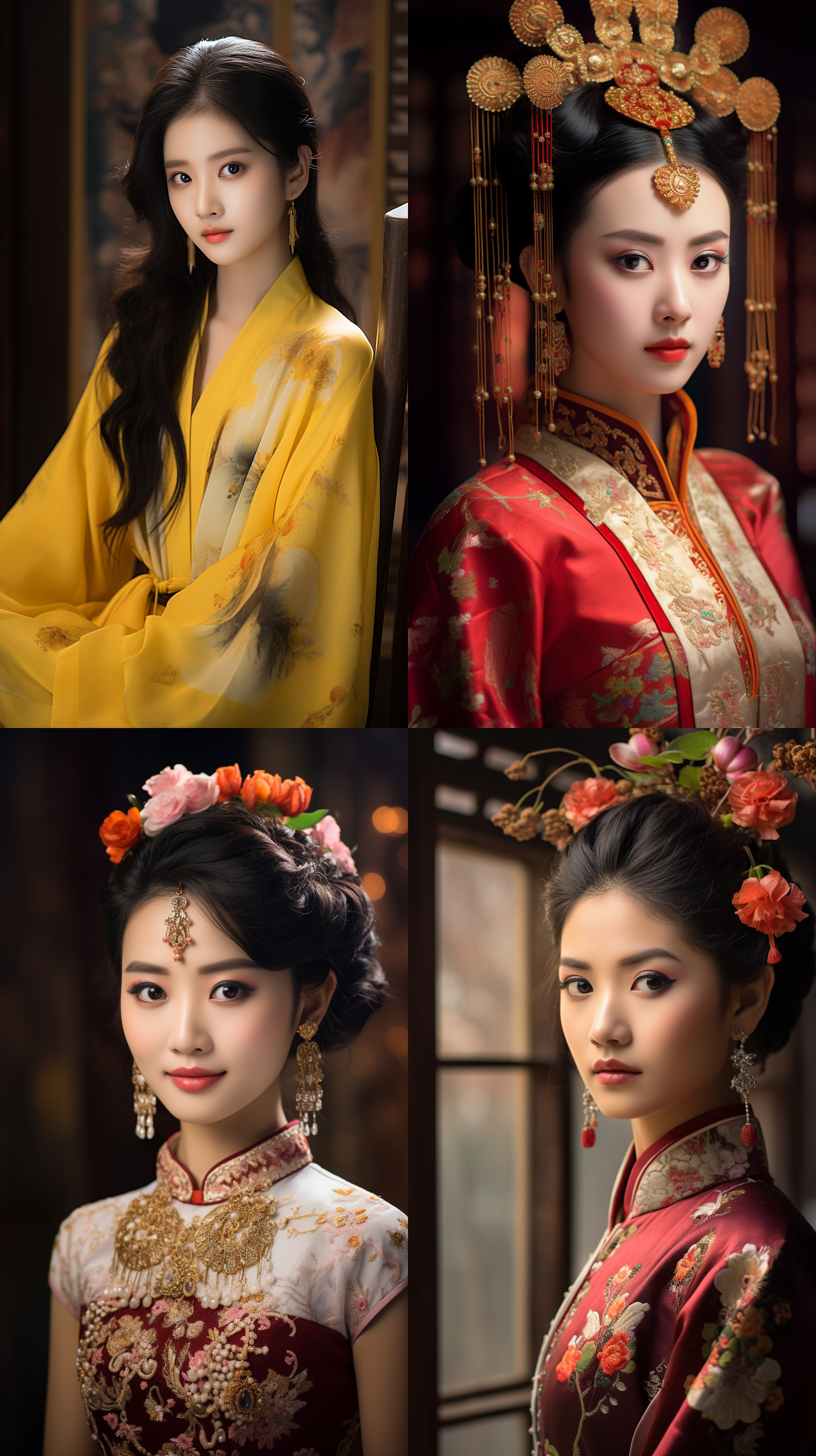 室内拍摄，明亮色调，中国模特穿着古典服装，侧面肖像，柔和光线，中焦镜头，端庄表情，优雅动作，传统元素，油画效果，温暖情感