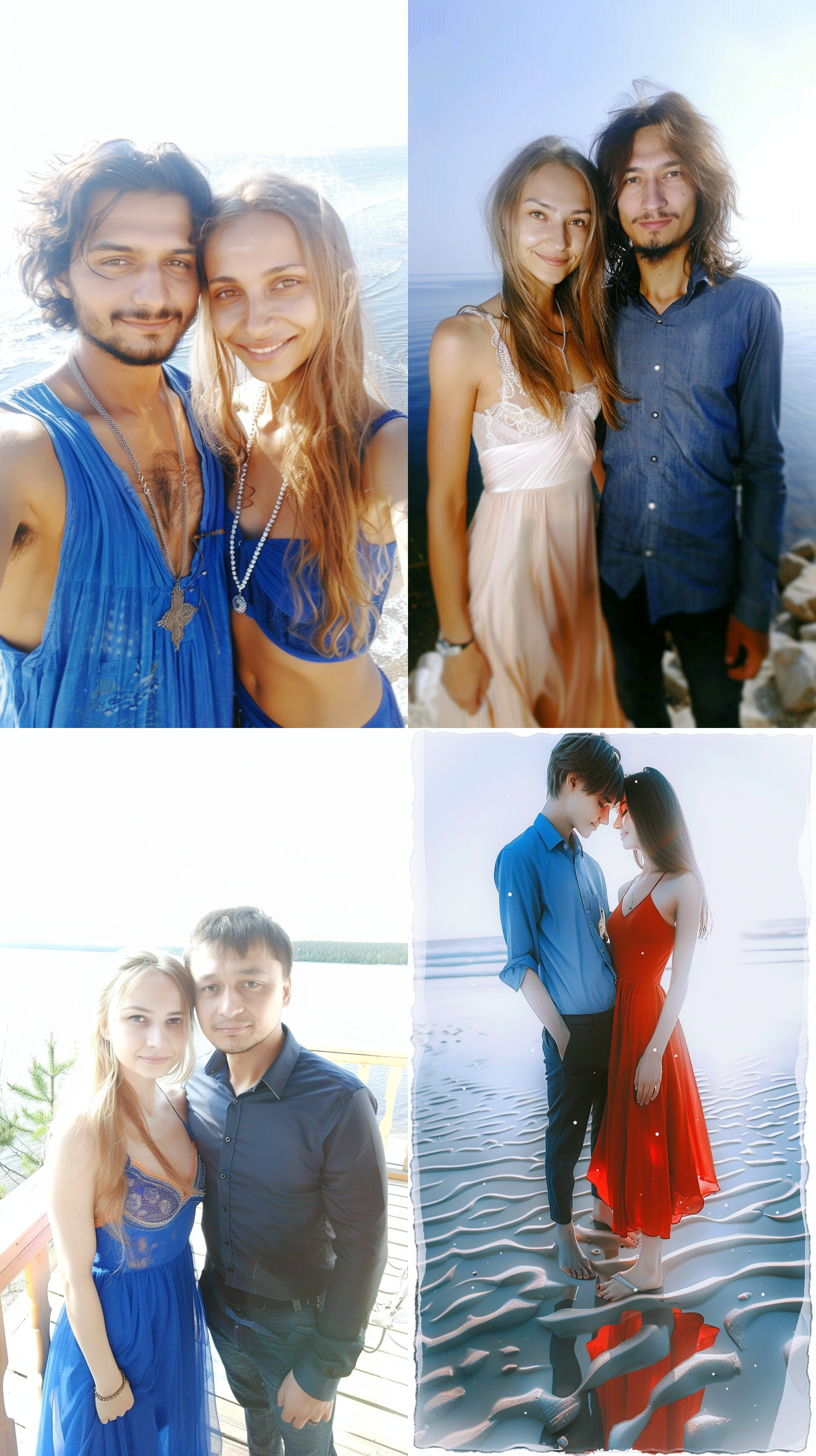 男人和女人，沙滩上漫步，日落余晖，浪漫风格，长发飘逸，笑容灿烂，情侣装，逆光拍摄，中焦镜头，自然光，手牵手，幸福温馨，蓝色调。 半身 摄影纪实 湖泊 头部特写 明亮的 小木屋 裙子 开心