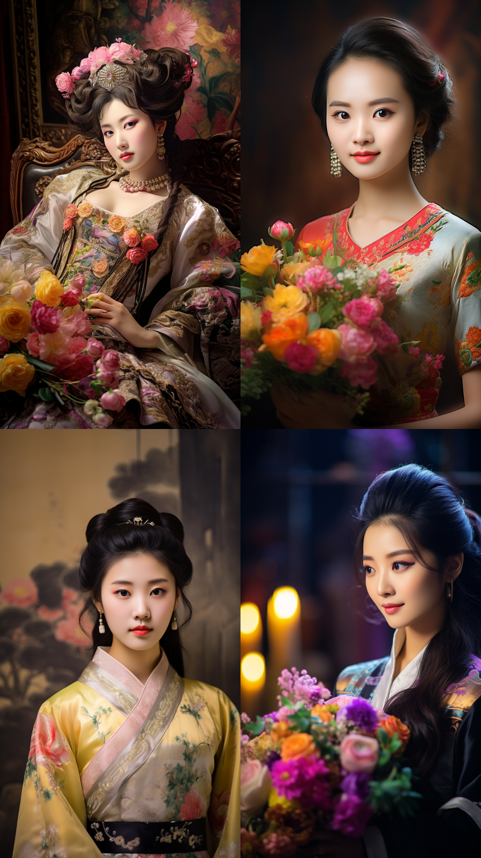 室内拍摄，明亮色调，中国模特穿着古典服装，侧面肖像，柔和光线，中焦镜头，端庄表情，优雅动作，传统元素，油画效果，温暖情感