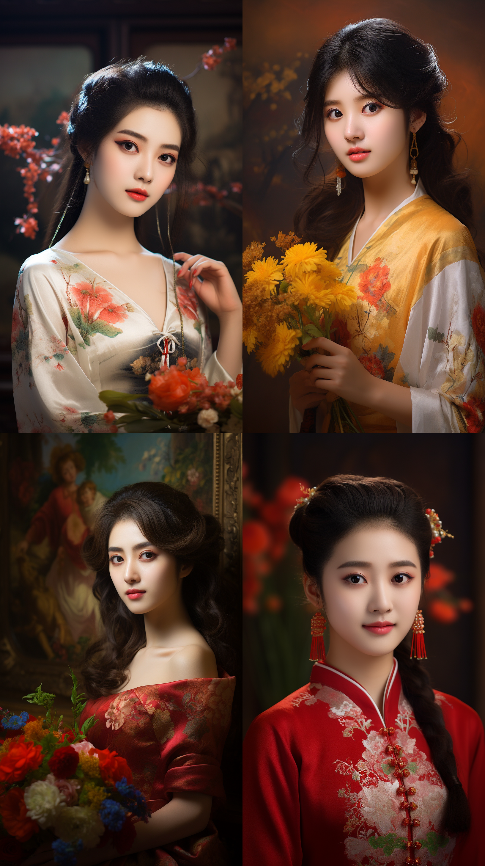 室内拍摄，明亮色调，中国模特穿着古典服装，侧面肖像，柔和光线，中焦镜头，端庄表情，优雅动作，传统元素，油画效果，温暖情感