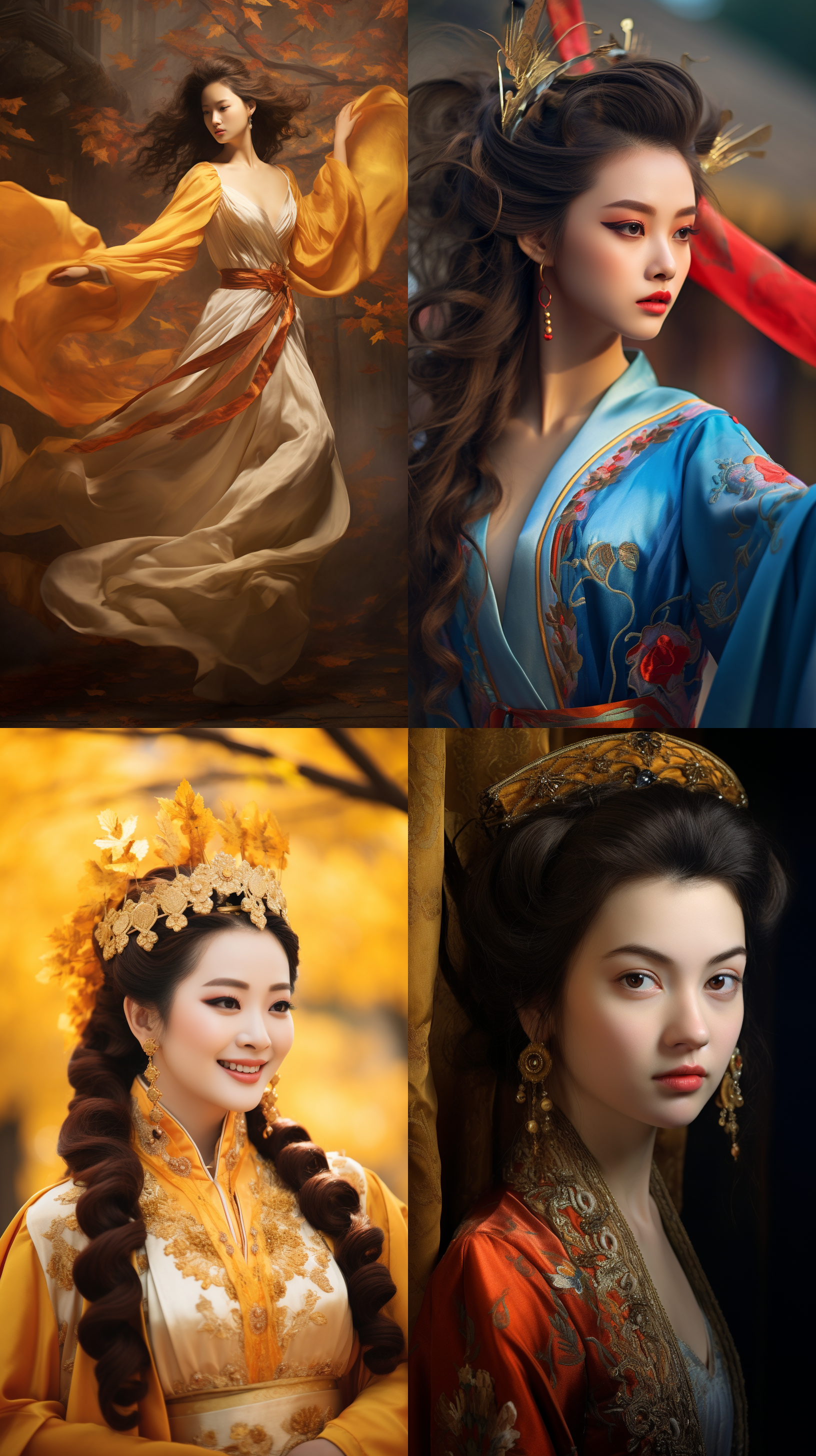 室外拍摄，明亮色调，中国模特穿着古典服装，侧面肖像，柔和光线，中焦镜头，端庄表情，优雅动作，传统元素，油画效果，温暖情感
