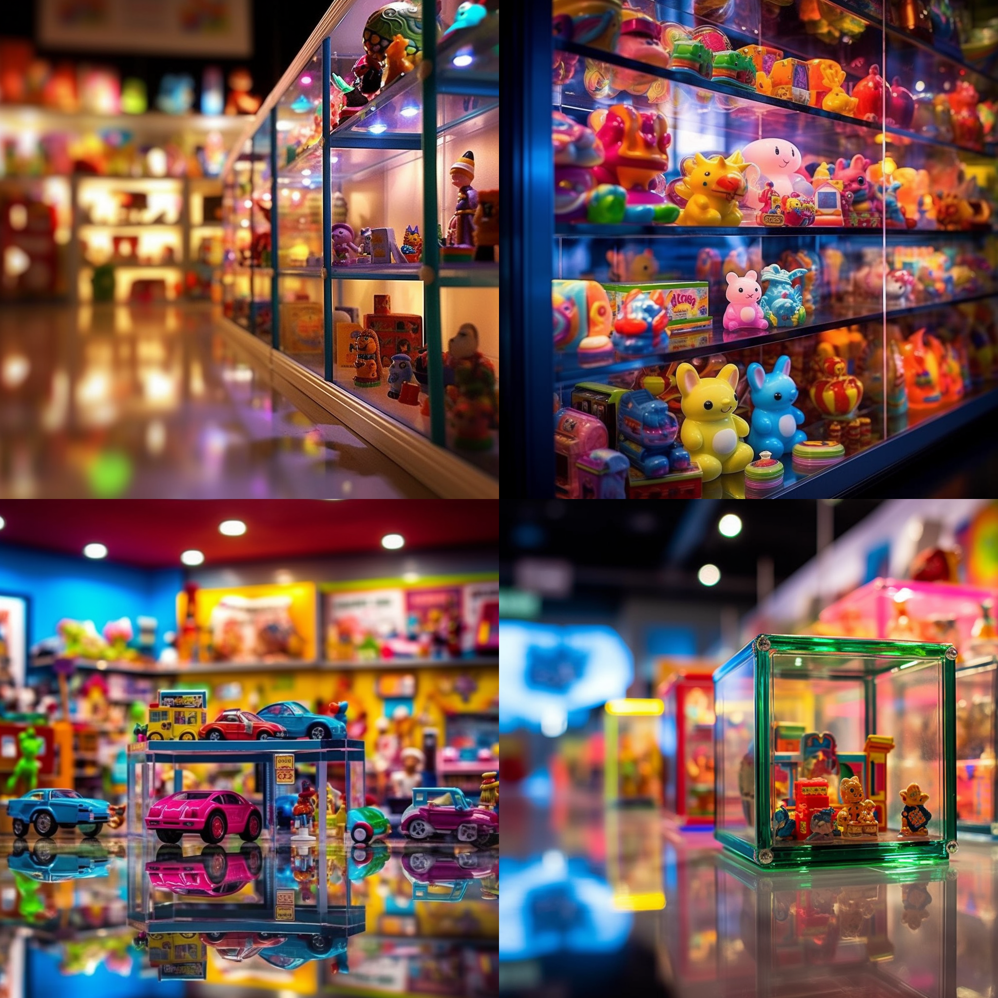 玩具橱窗，多彩玩具陈列，透视构图，室内场景，照明效果，玻璃反射，静态，童趣，明亮色调，快门速度适中。