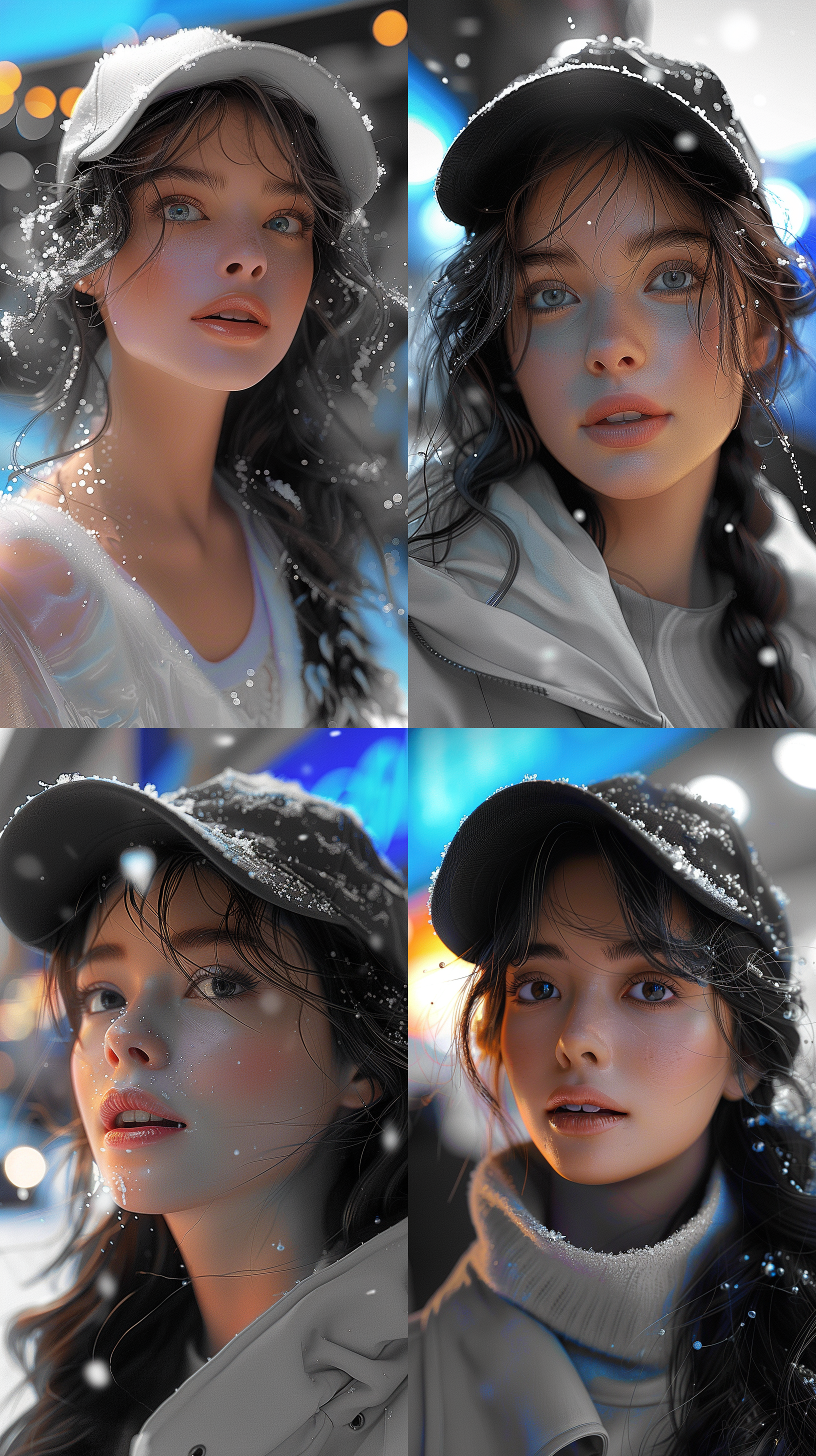 一位美女全身被大雪覆盖，她站在雪地中央，背景是一片白茫茫的雪景。她的长发上挂满了冰晶，脸上露出惊喜的表情。照片采用黑白摄影风格，利用高对比度和明暗交错的阴影增强神秘感。广角镜头捕捉到了周围的雪景，给人一种广袤而寒冷的感觉。冷色调与主题相呼应，传递出清新和纯净的氛围。