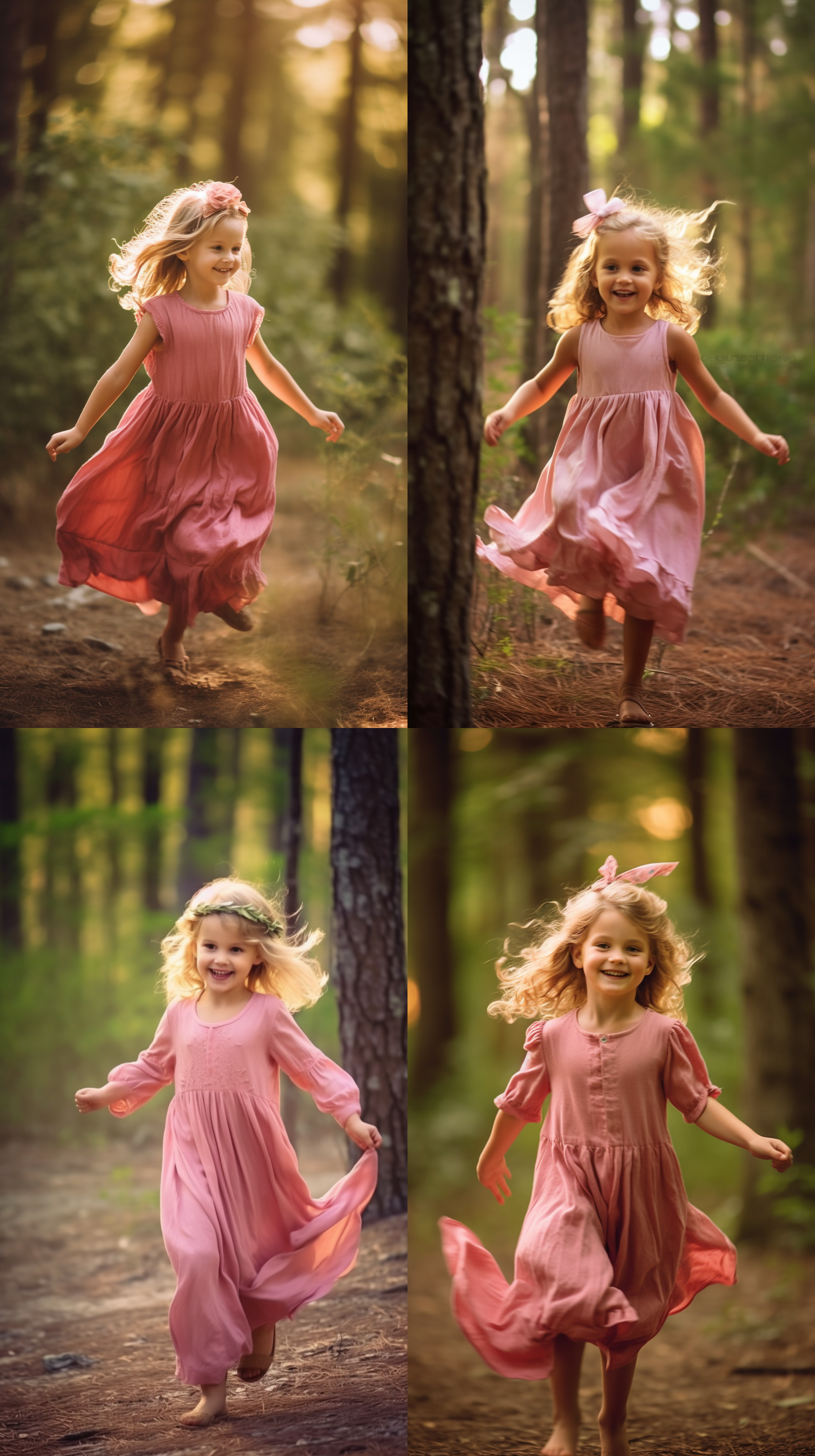 小女孩在森林中探险，穿着粉色连衣裙，发带在风中飘动，笑容灿烂。自然光线，柔和环境，中景构图，暖色调，清晰焦距，自然动作，快门速度适中，童趣，快乐。