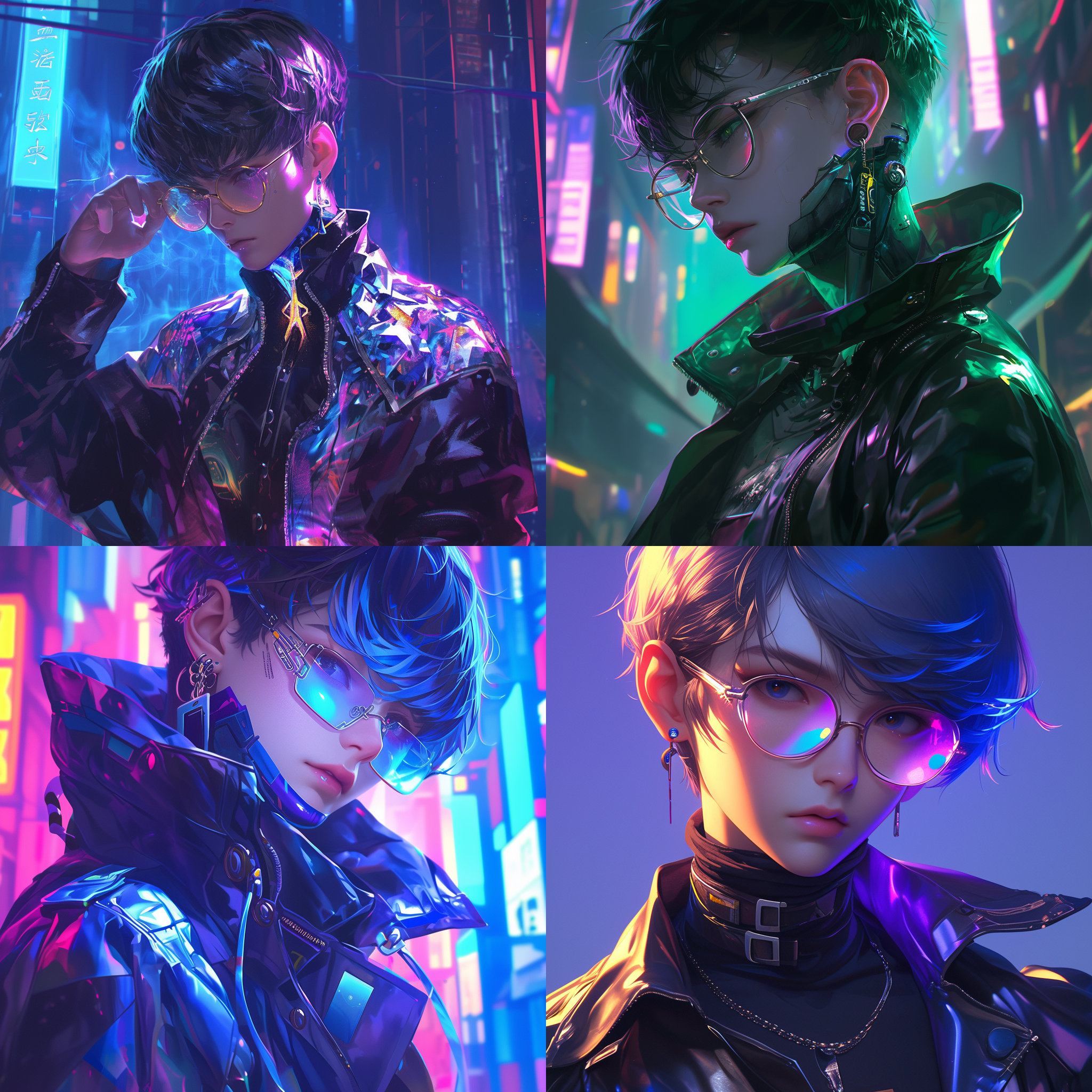 赛博朋克国潮风，摄影大赛，超帅男生(高级精致的面容 id)，短发，空气刘海发型，炫酷眼镜，朋克衣服，色彩鲜艳，明亮的光线，正面视角，特写，超精细，超清晰度，超高分辨率，超高品质，超高质量，超高清，32k