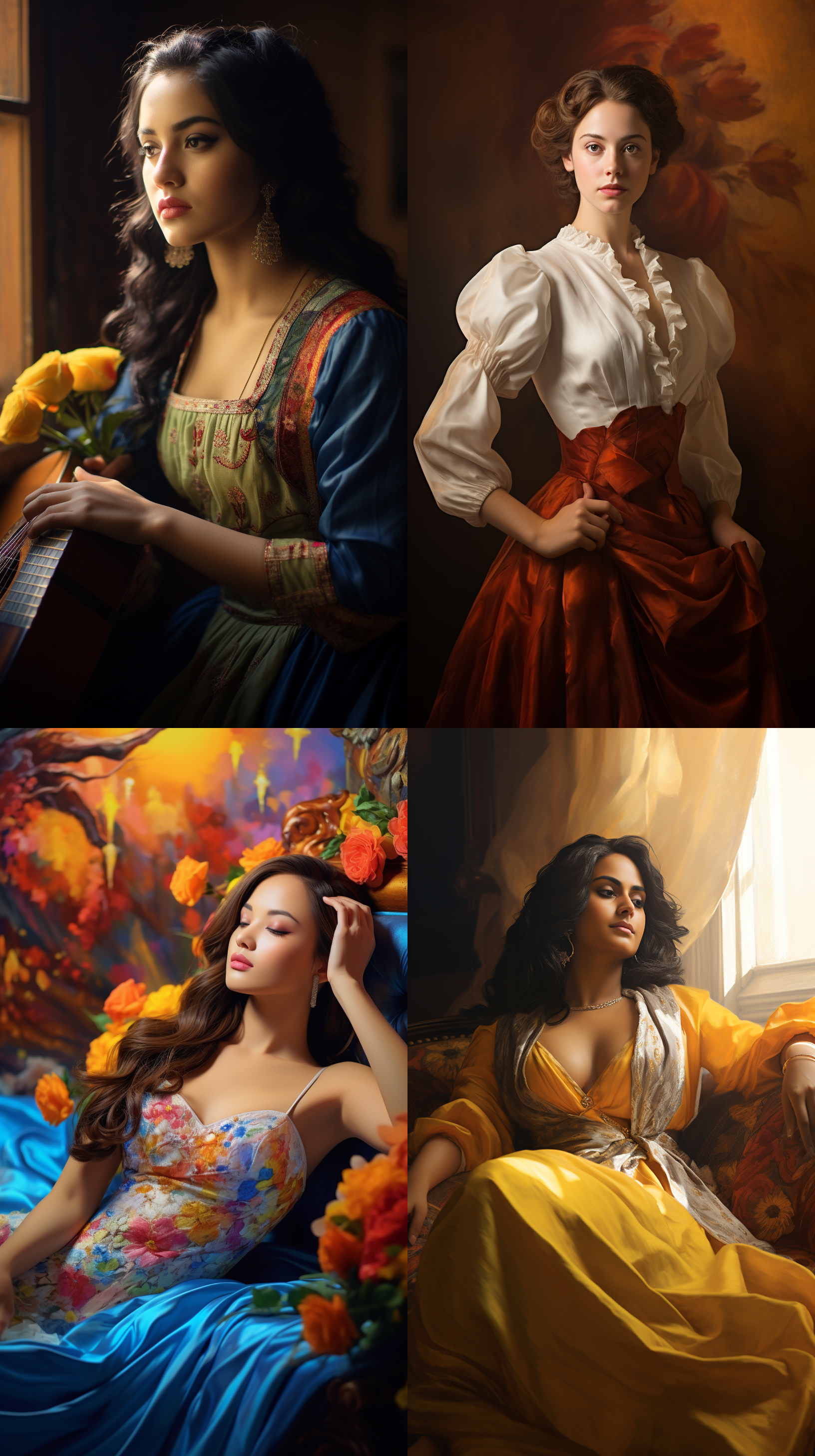 室内拍摄，明亮色调，模特穿着古典服装，侧面肖像，柔和光线，中焦镜头，端庄表情，优雅动作，传统元素，油画效果，温暖情感