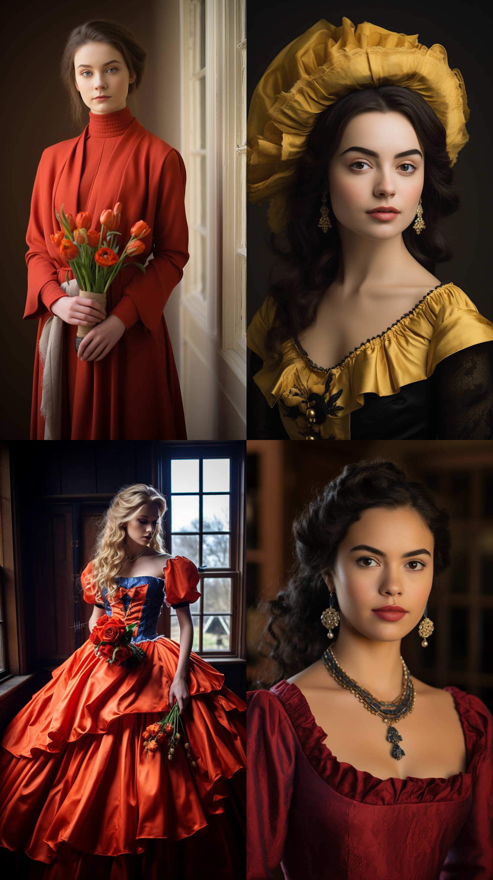 室内拍摄，明亮色调，模特穿着古典服装，侧面肖像，柔和光线，中焦镜头，端庄表情，优雅动作，传统元素，油画效果，温暖情感