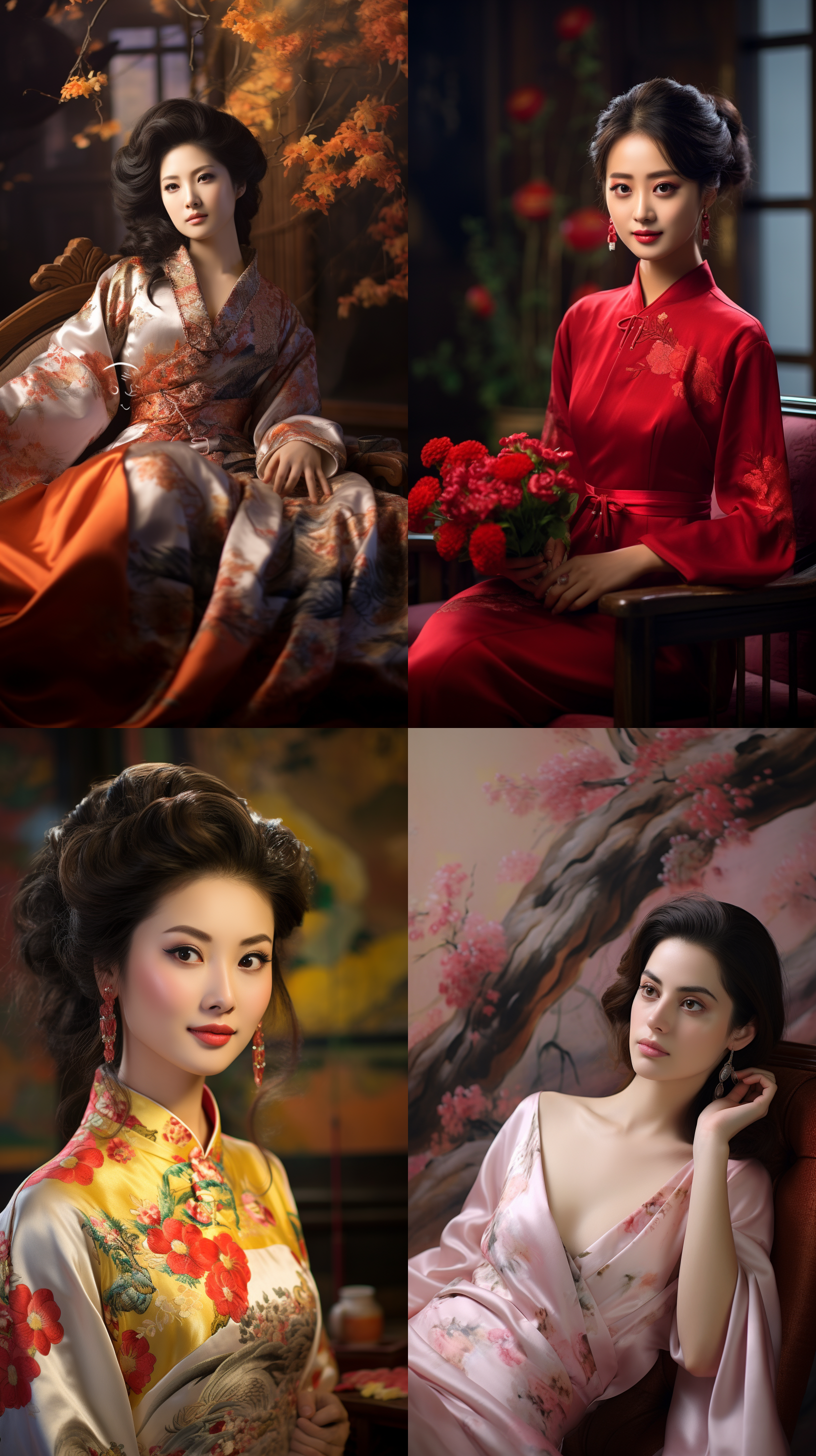 室内拍摄，明亮色调，中国模特穿着古典服装，侧面肖像，柔和光线，中焦镜头，端庄表情，优雅动作，传统元素，油画效果，温暖情感