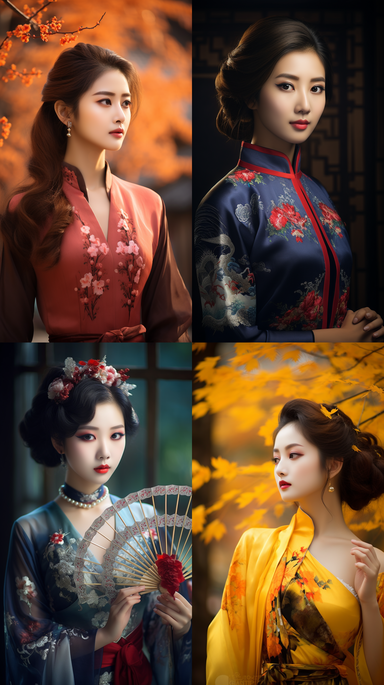 室外拍摄，明亮色调，中国模特穿着古典服装，侧面肖像，柔和光线，中焦镜头，端庄表情，优雅动作，传统元素，油画效果，温暖情感