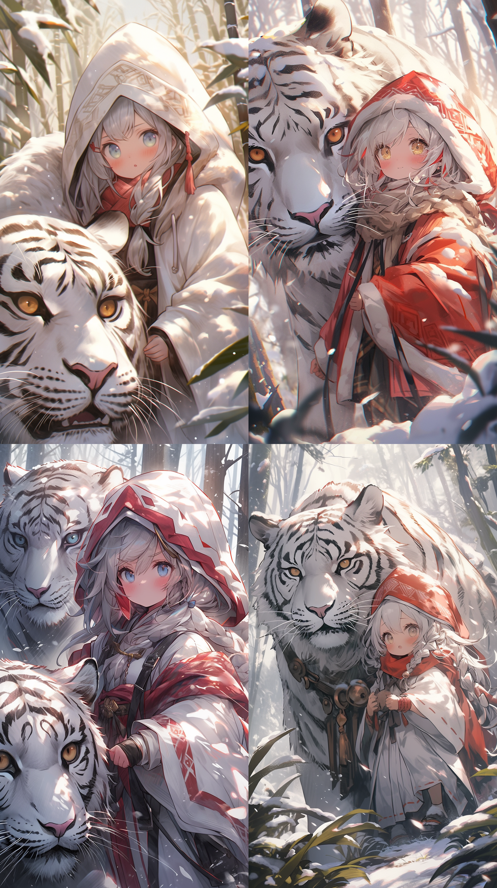 在暴风雪下的树林里，一个穿着斗篷的可爱小女孩骑着一只巨大的白虎，