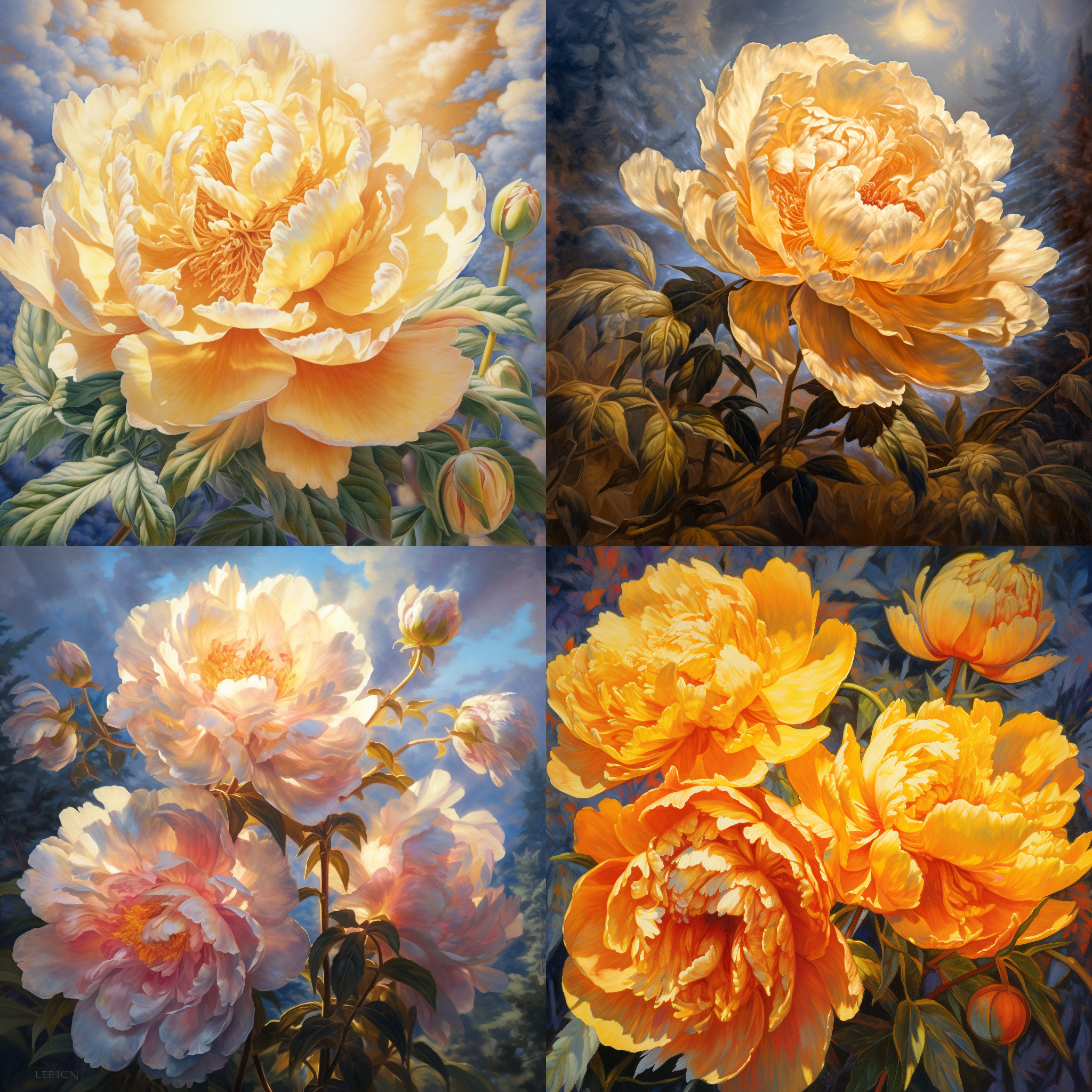 阳光普照，巨大的帝王牡丹盛开，闪耀斑斓的光彩。氛围明亮金色。