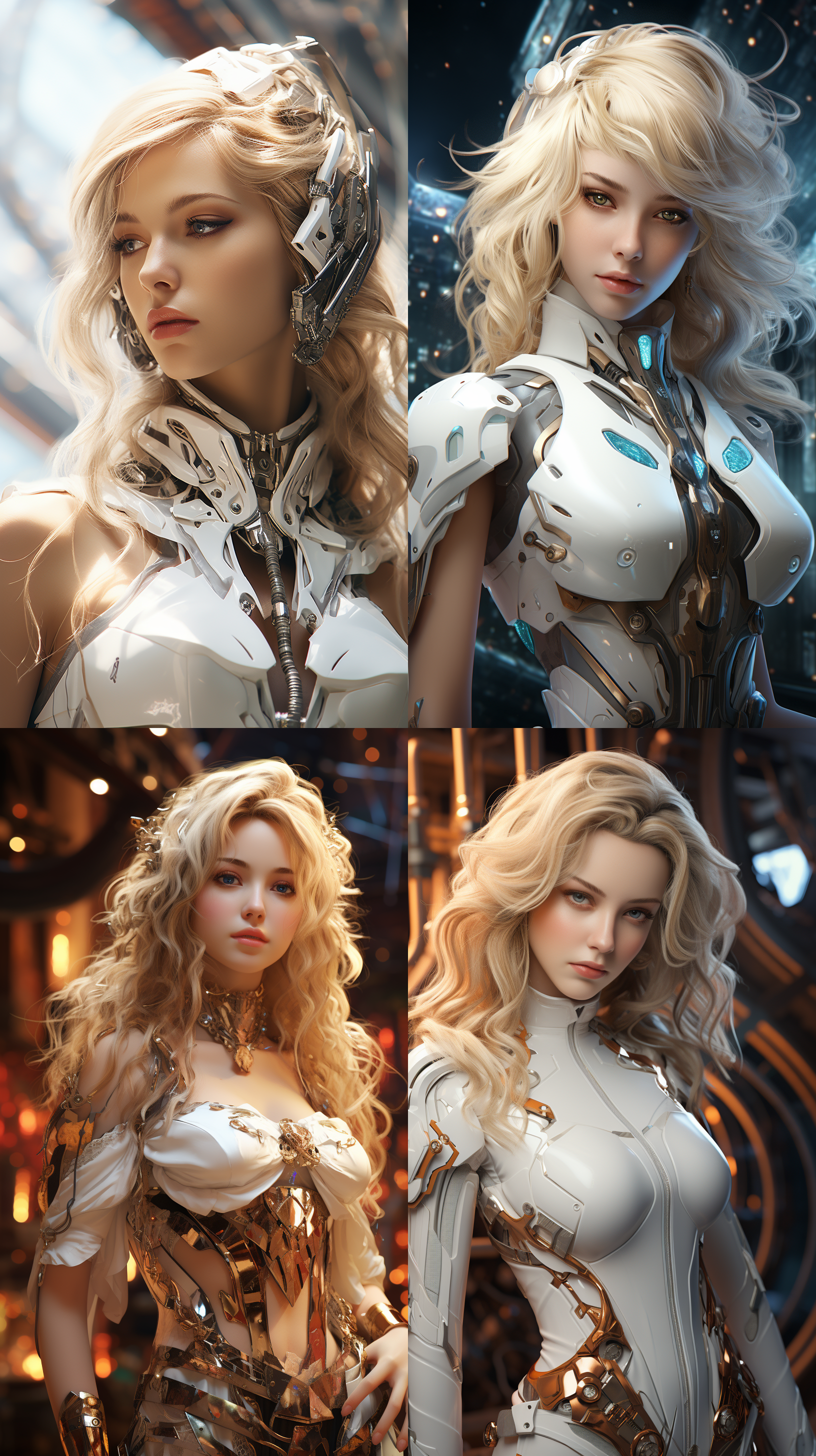 机甲美女站在空间站背景前，手持弓箭，全身展示，面部特写，冷色调，高清画质。侧光，细节丰富，金属质感，未来科幻，自信微笑。