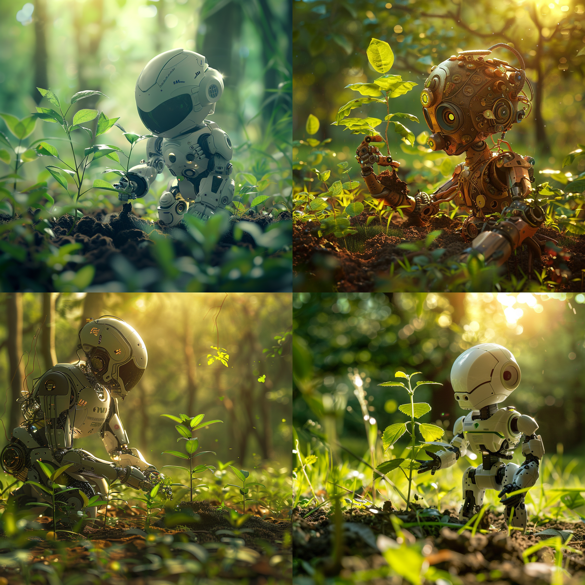阳光透过树叶洒下，照亮了一个精美机器人正在栽植一棵新的树苗。精美机器人穿着精致的衣物，脸上带着微笑，专注地将树苗放入土壤中。照片以精美机器人和树苗为主体，背景是绿色的草地和其他成长中的树木。构图对称平衡，使用远景镜头捕捉到了整个场景。明亮的色调和柔和的光线传达出希望和青春活力。树苗象征着新的开始和未来的希望。 植树节，阳光，绿色，树苗，精美机器人，微笑，专注，对称平衡，远景镜头，明亮色调，柔和光线，希望，青春活力